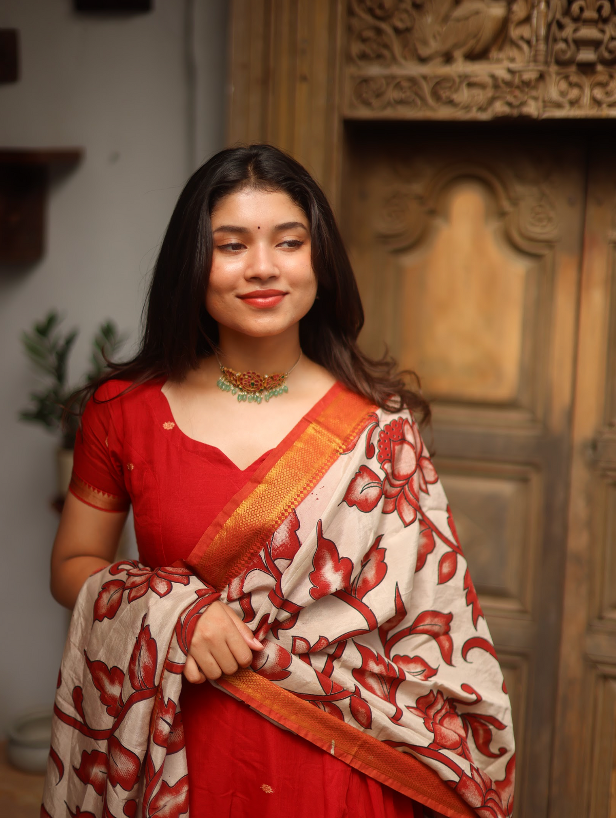 Vedha – Crimson Red Narayanpet Kalamkari Anarkali Suit