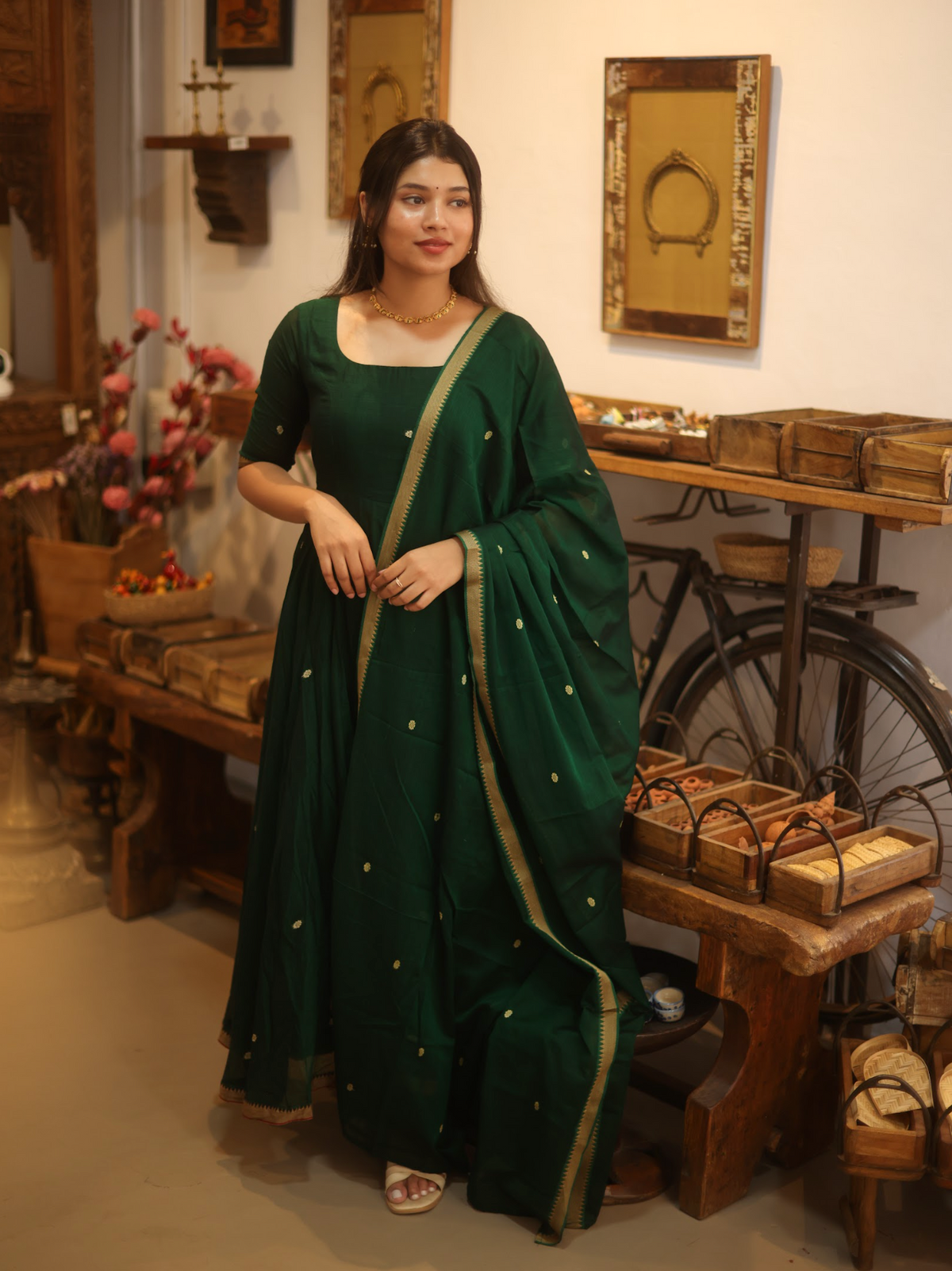 Vedha – Green Narayanpet Anarkali Suit with Kalamkari Dupatta