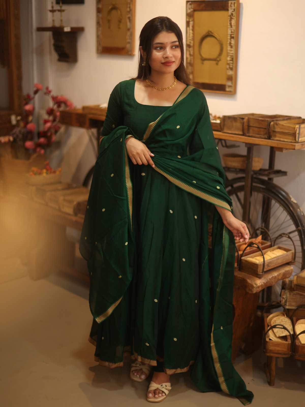 Vedha – Green Narayanpet Anarkali Suit with Kalamkari Dupatta