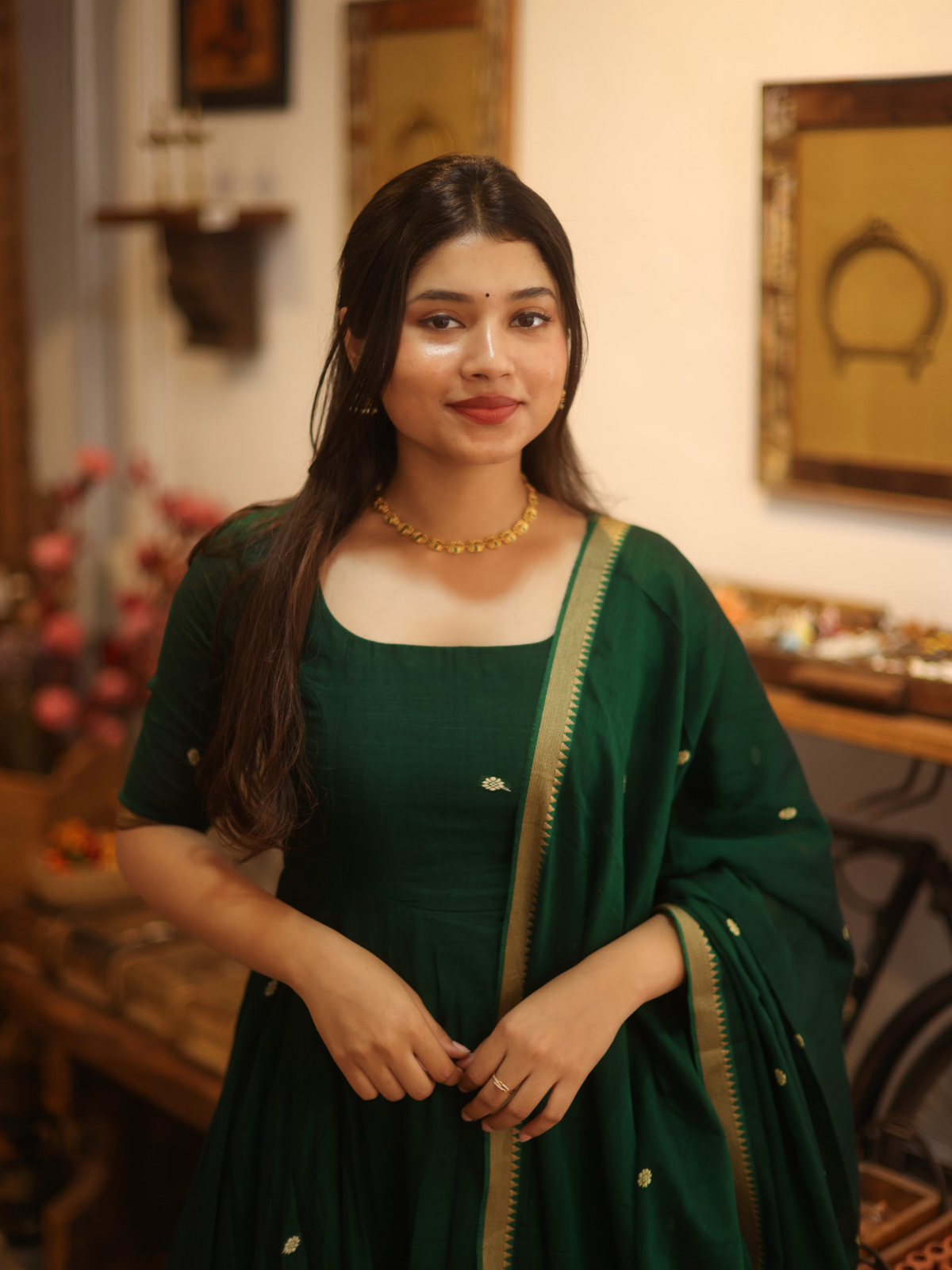 Vedha – Green Narayanpet Anarkali Suit with Kalamkari Dupatta