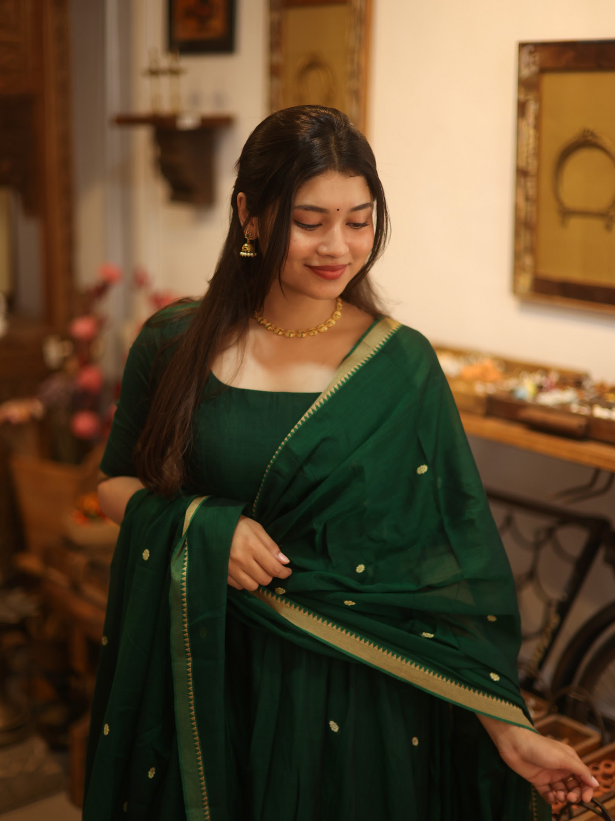Vedha – Green Narayanpet Anarkali Suit with Kalamkari Dupatta
