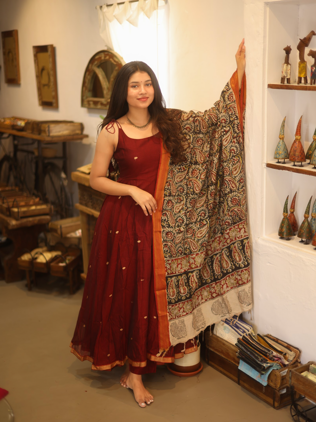 Vedha – Maroon Narayanpet Kalamkari Fusion Anarkali Suit