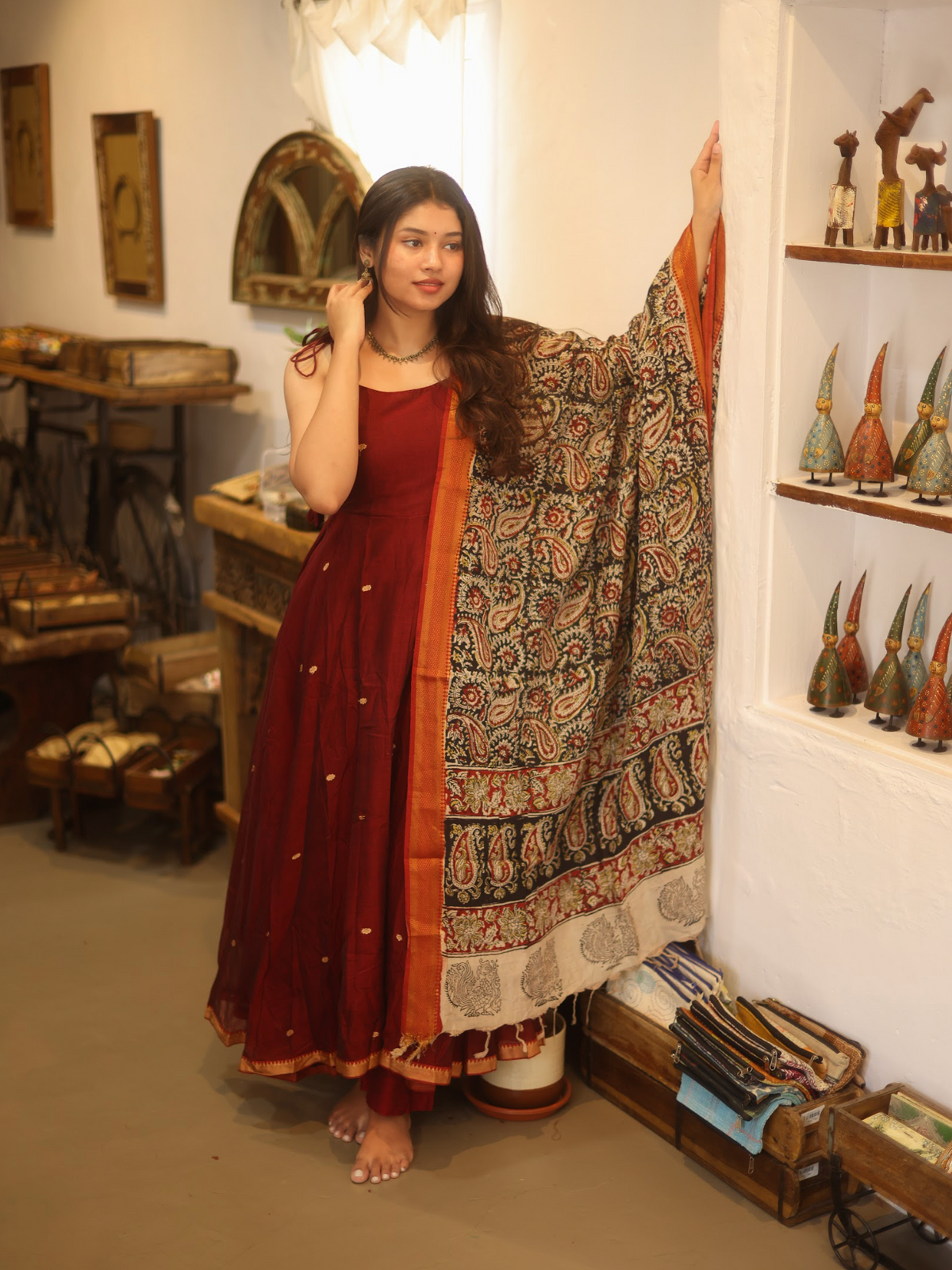 Vedha – Maroon Narayanpet Kalamkari Fusion Anarkali Suit