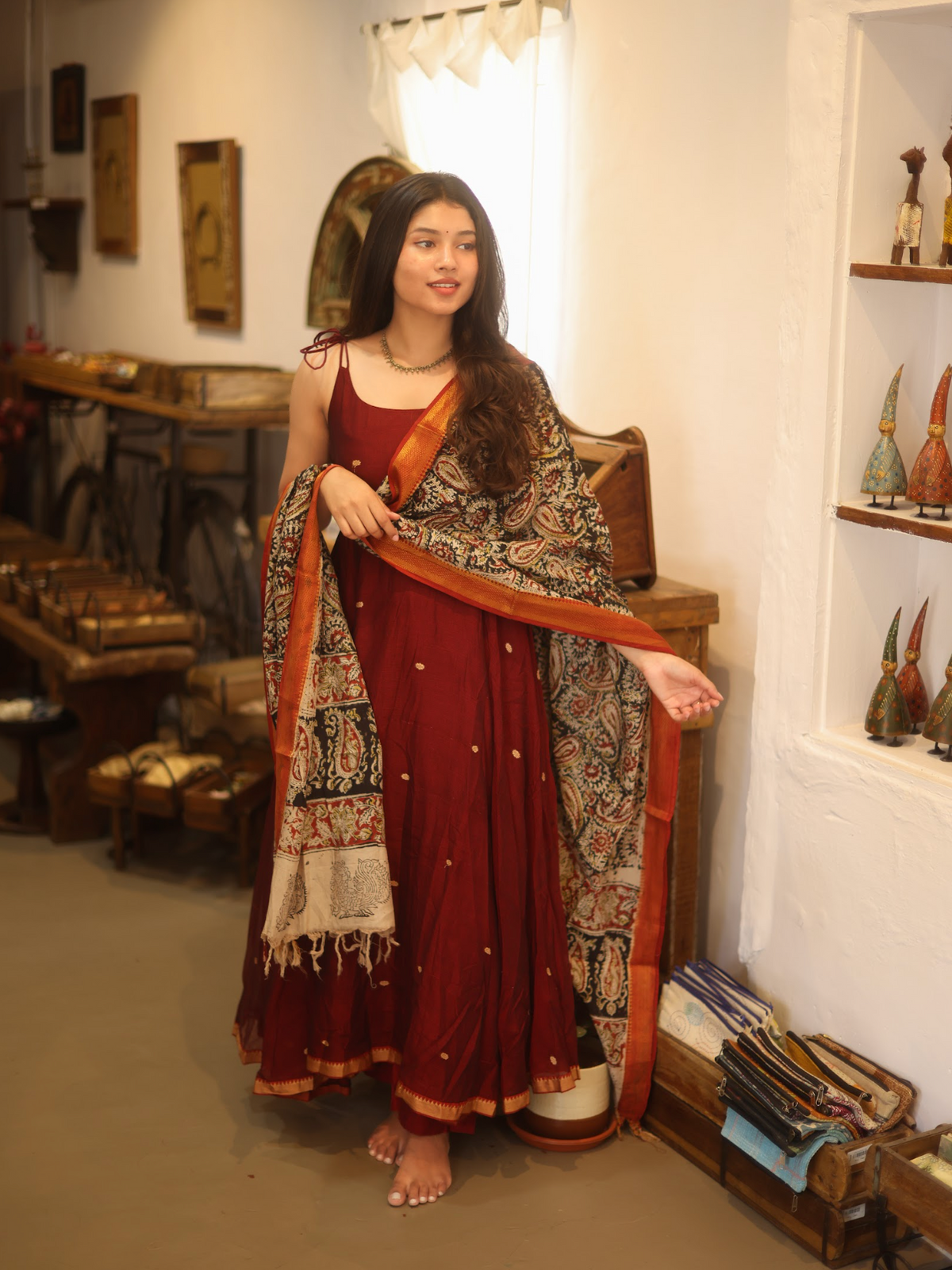 Vedha – Maroon Narayanpet Kalamkari Fusion Anarkali Suit
