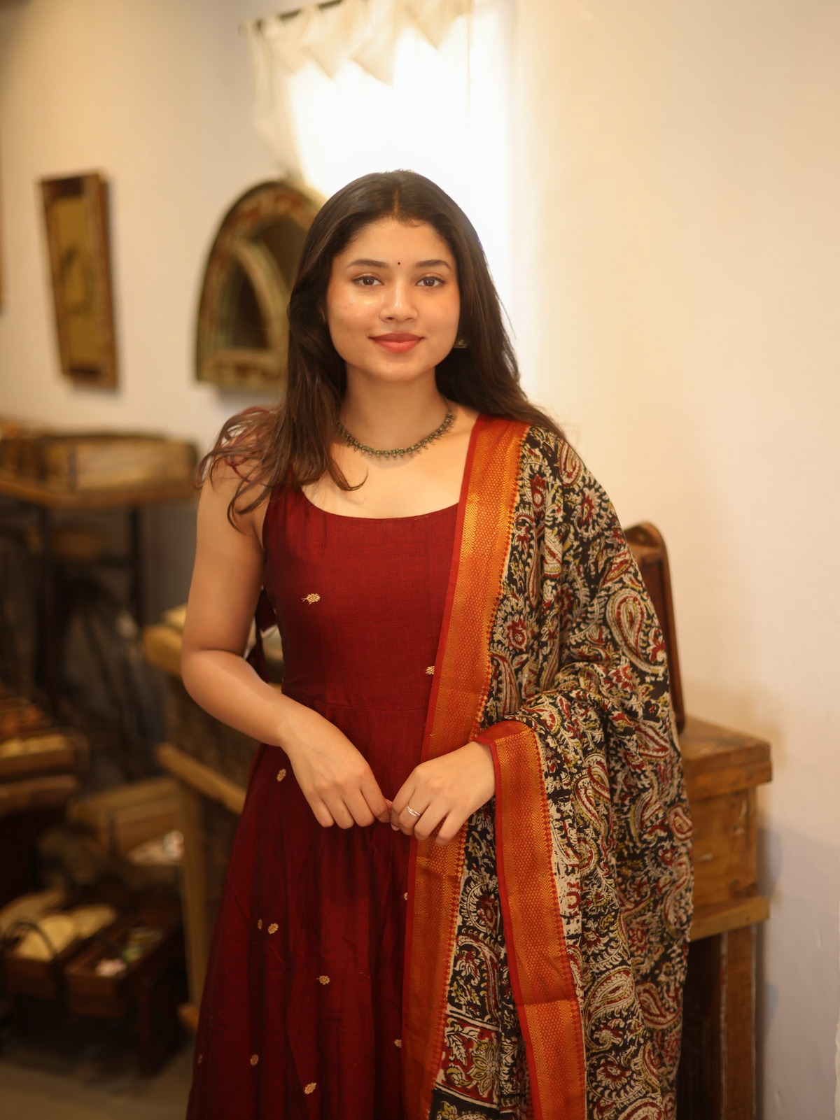 Vedha – Maroon Narayanpet Kalamkari Fusion Anarkali Suit