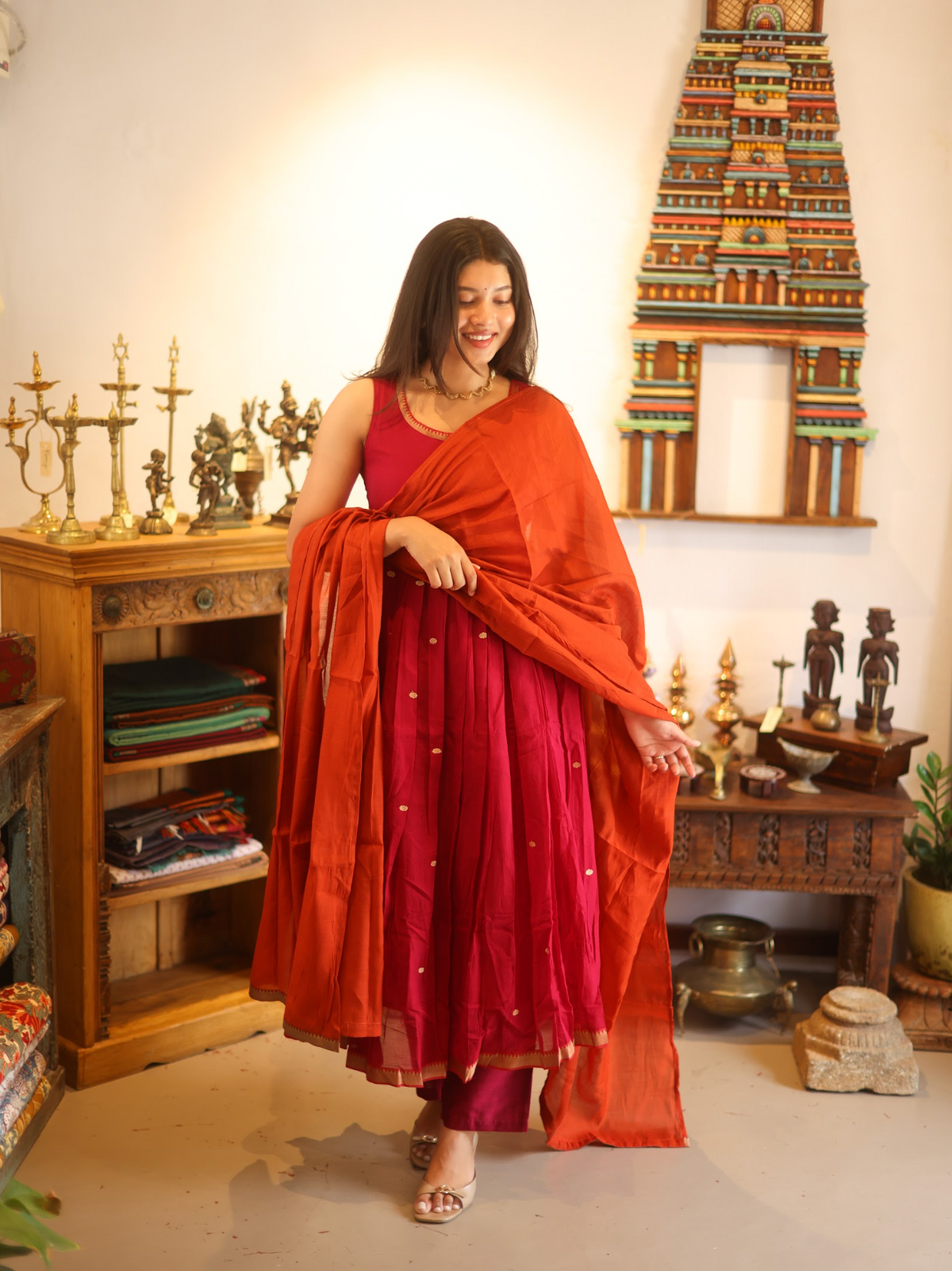 Vedha – Hot Pink & Orange Narayanpet Anarkali Suit
