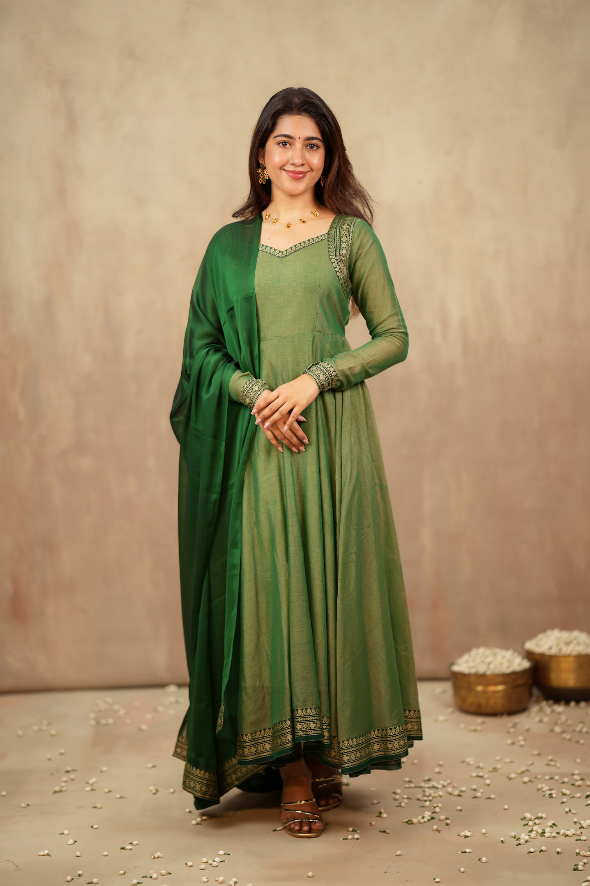Rukmini – Green Narayanpet Handloom Anarkali Suit