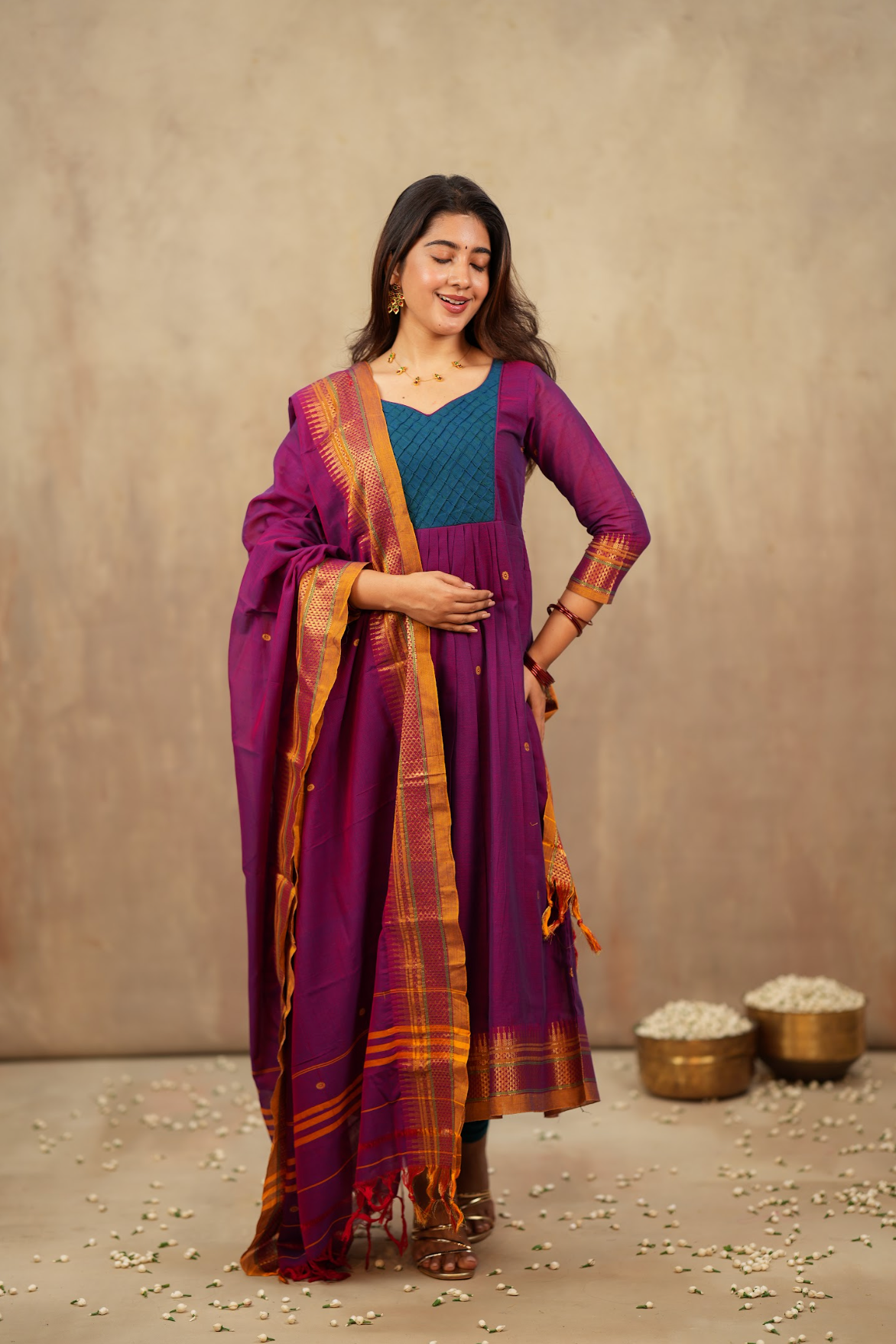 Arti Karam – Narayanpet Anarkali with Magenta Dupatta