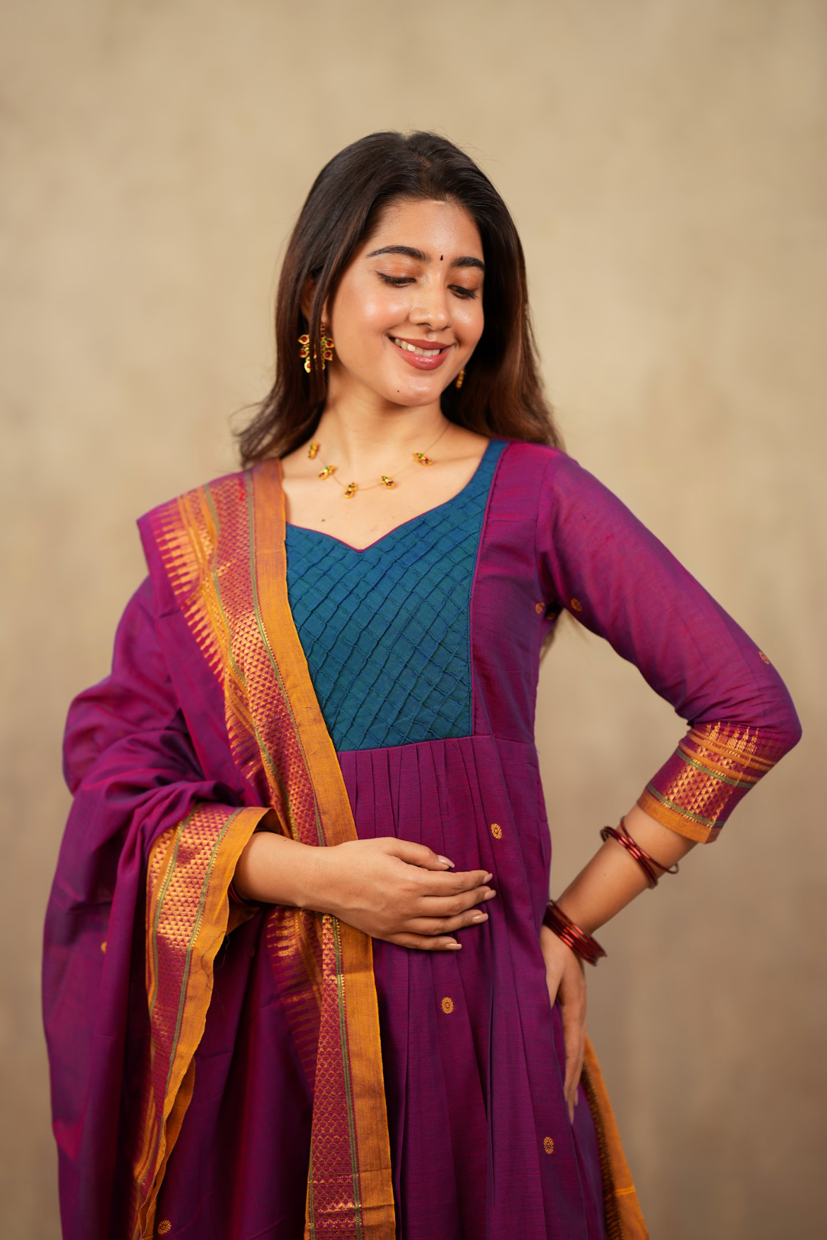 Arti Karam – Narayanpet Anarkali with Magenta Dupatta