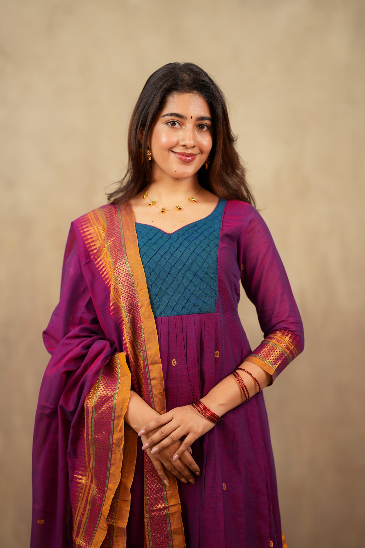Arti Karam – Narayanpet Anarkali with Magenta Dupatta