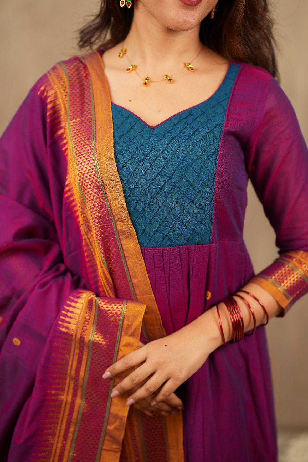 Arti Karam – Narayanpet Anarkali with Magenta Dupatta