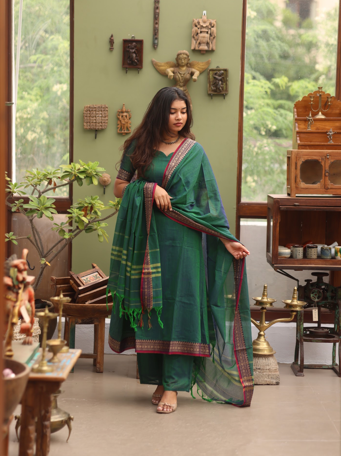 Vedha – Peacock Narayanpet Handloom A-Line Suit Set