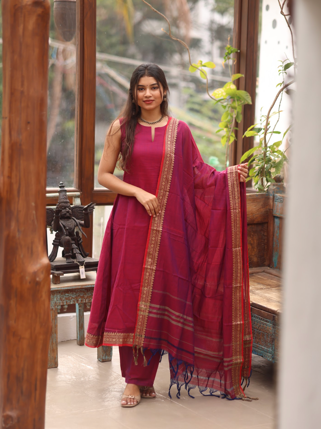 Vedha – Wine Narayanpet Handloom A-Line Suit Set