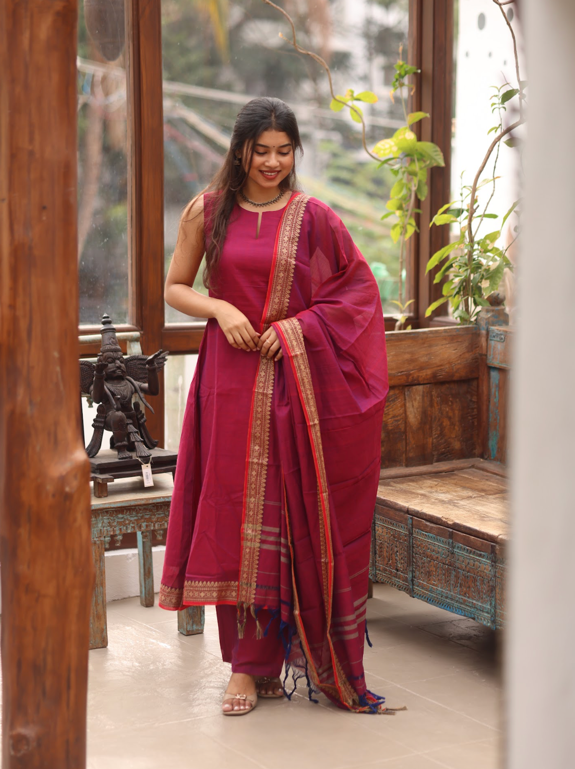 Vedha – Wine Narayanpet Handloom A-Line Suit Set