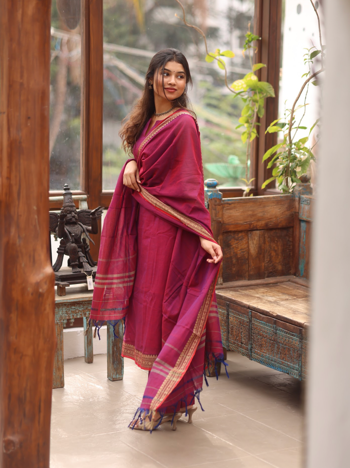 Vedha – Wine Narayanpet Handloom A-Line Suit Set