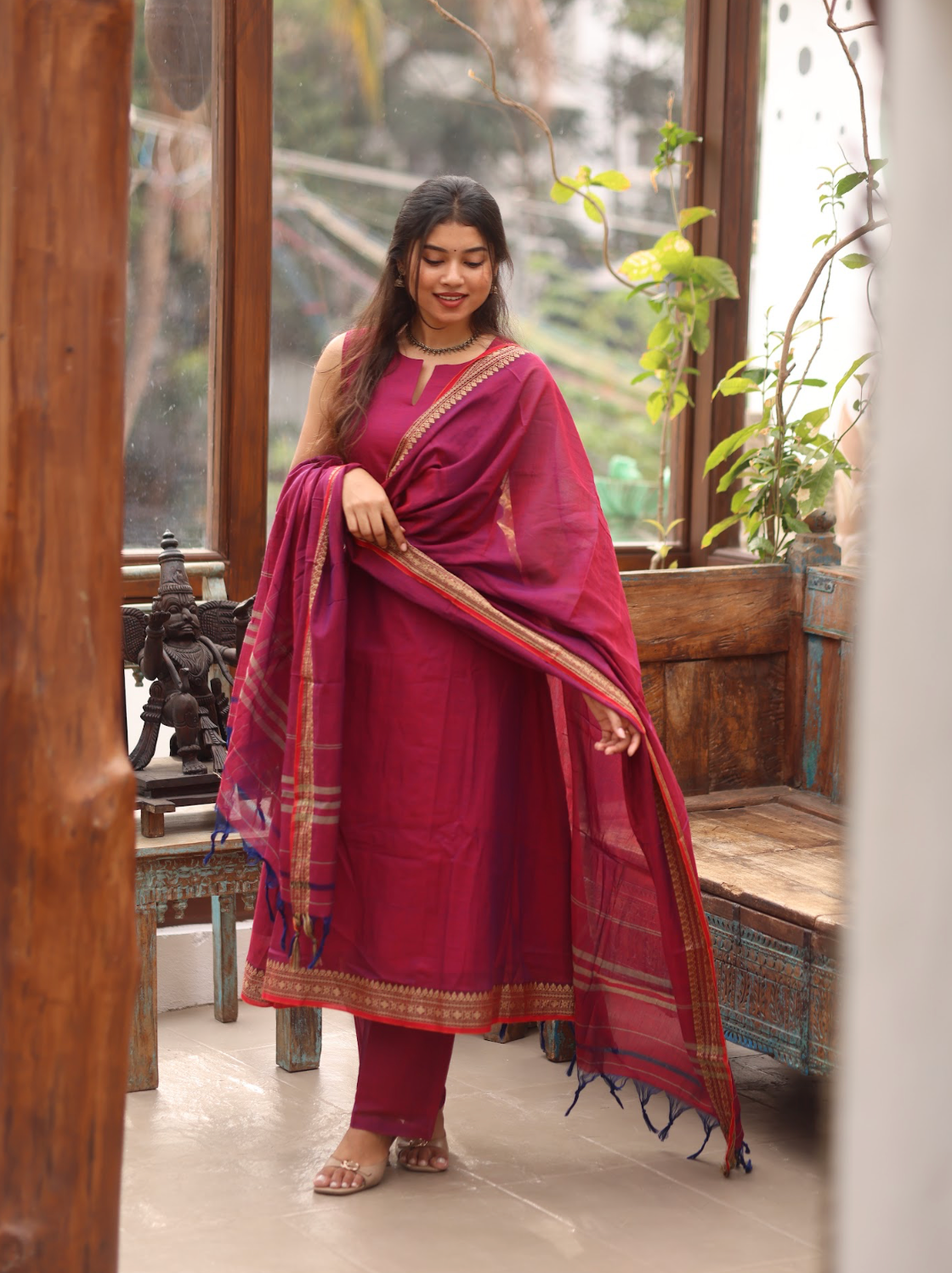 Vedha – Wine Narayanpet Handloom A-Line Suit Set