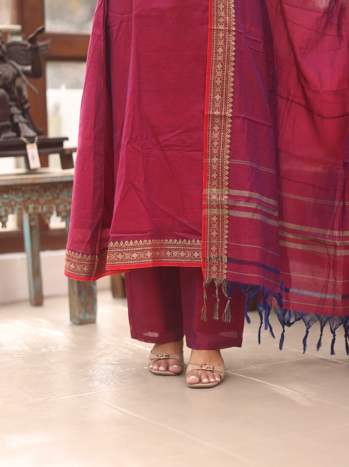 Vedha – Wine Narayanpet Handloom A-Line Suit Set