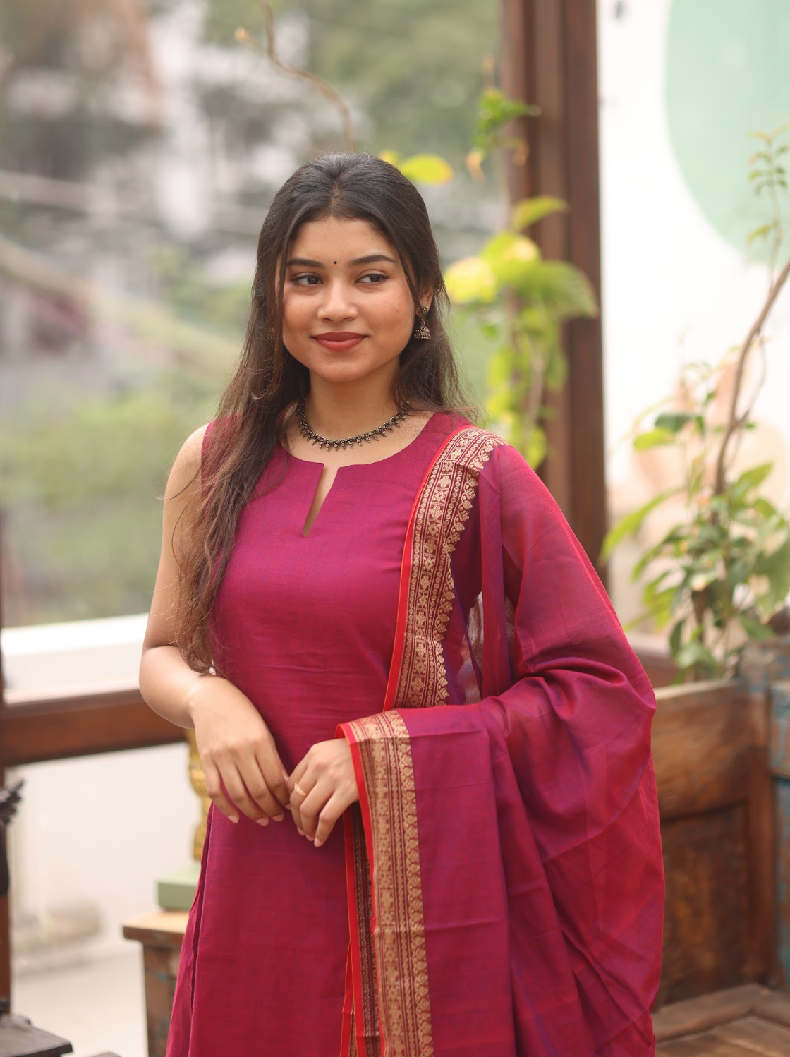Vedha – Wine Narayanpet Handloom A-Line Suit Set