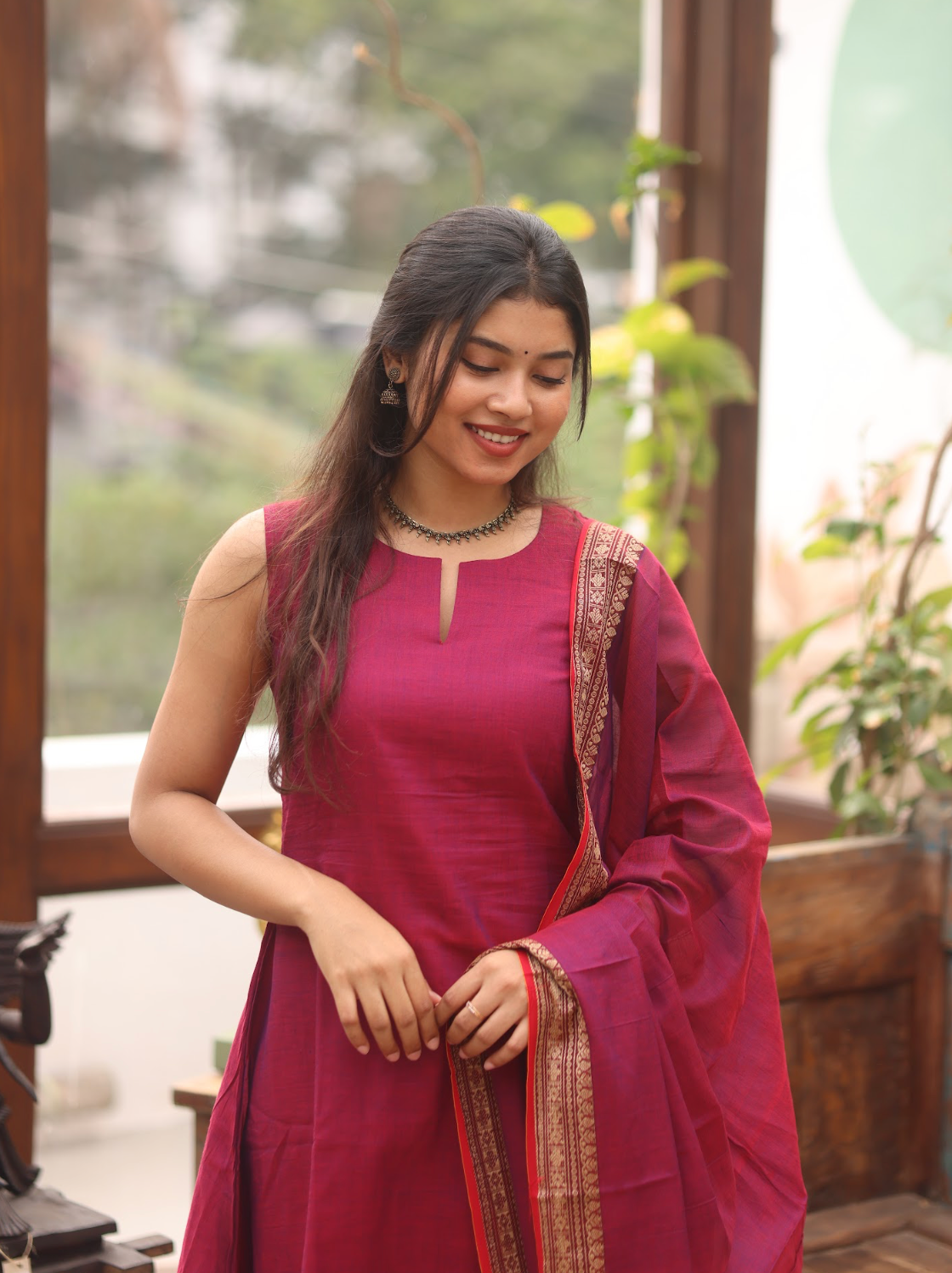 Vedha – Wine Narayanpet Handloom A-Line Suit Set