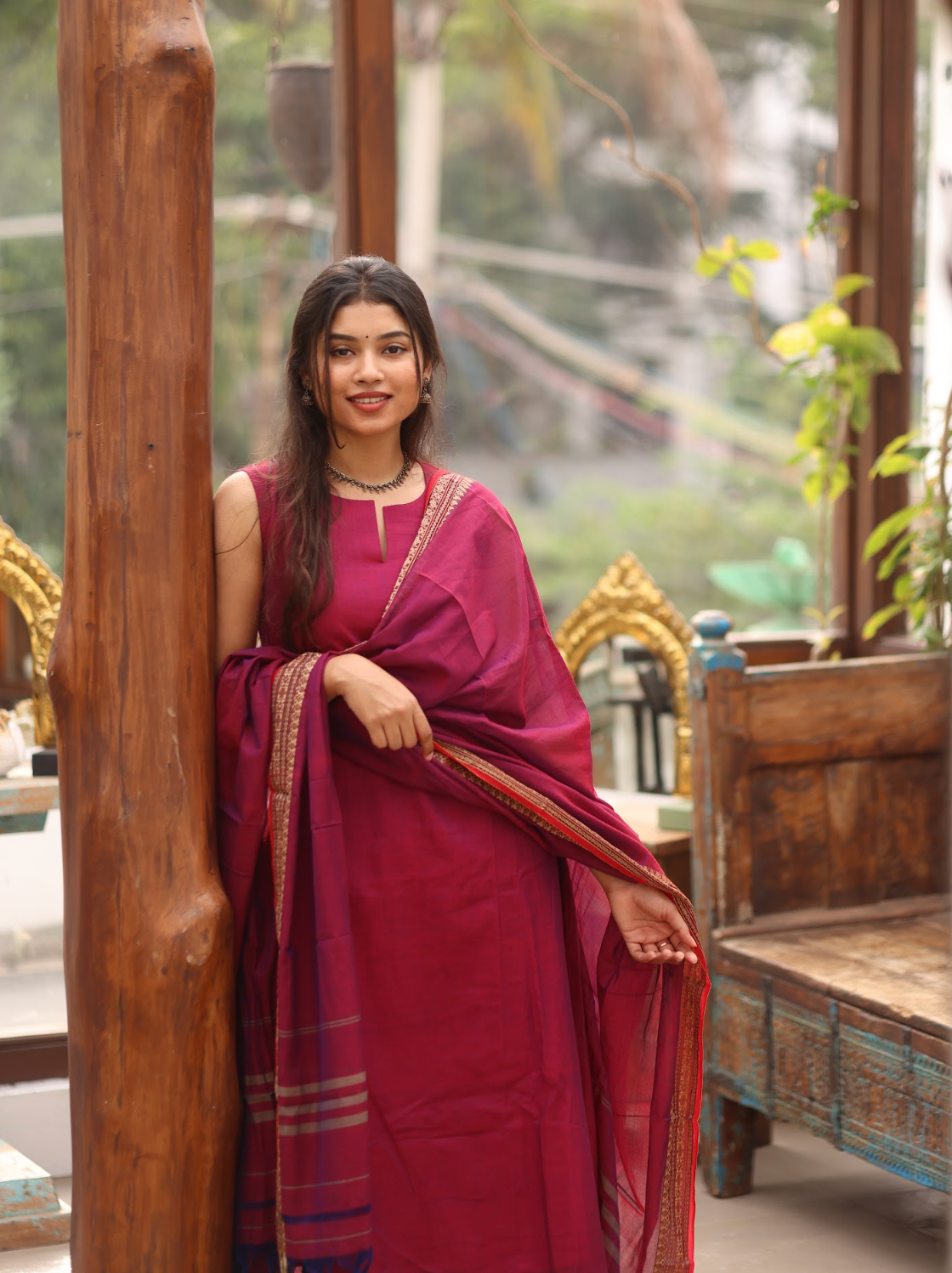 Vedha – Wine Narayanpet Handloom A-Line Suit Set