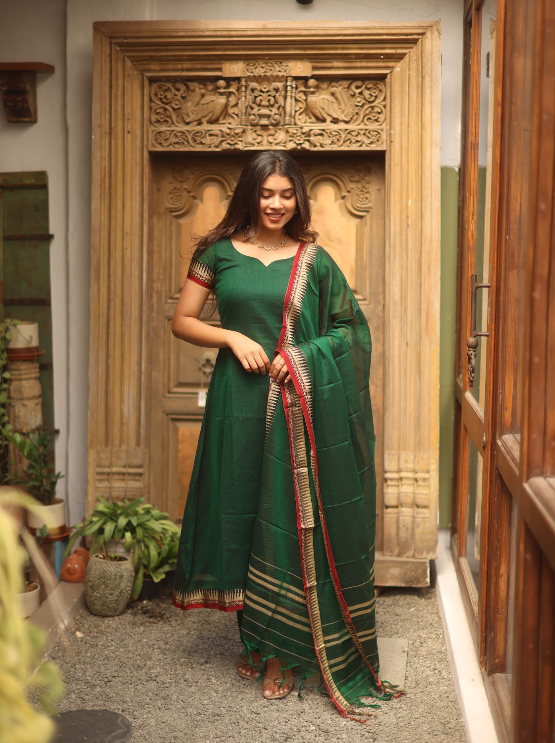 Vedha Akila – Green Narayanpet Handloom A-Line Suit Set