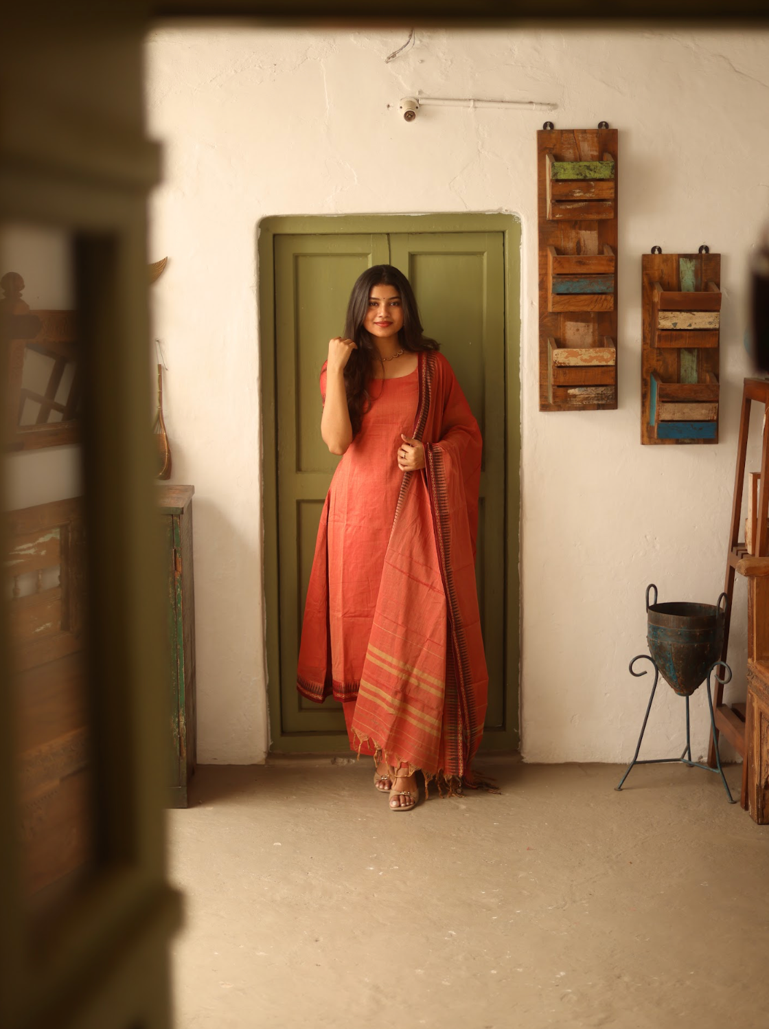 Vedha Akila – Coral Narayanpet Handloom A-Line Suit Set