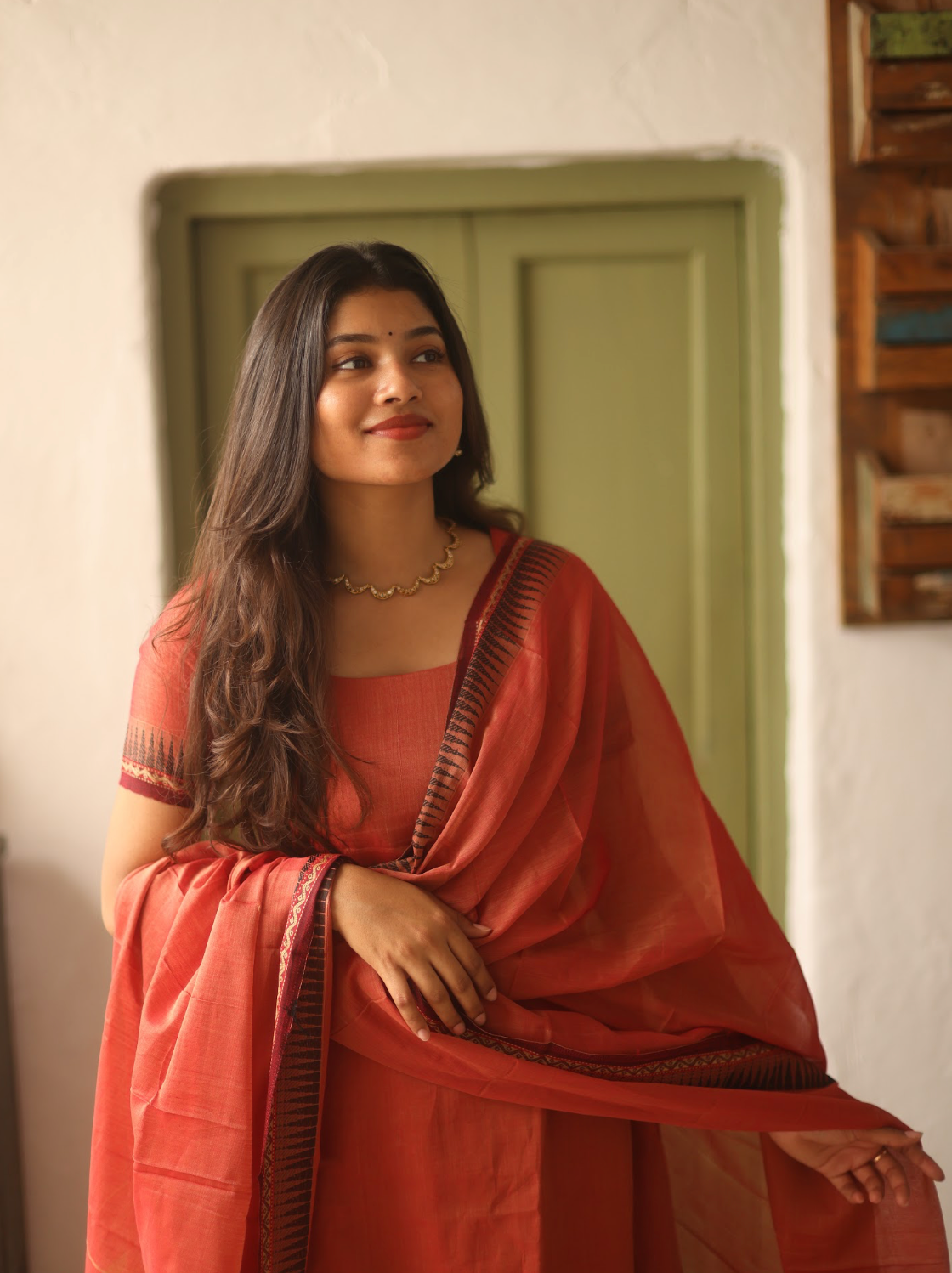 Vedha Akila – Coral Narayanpet Handloom A-Line Suit Set