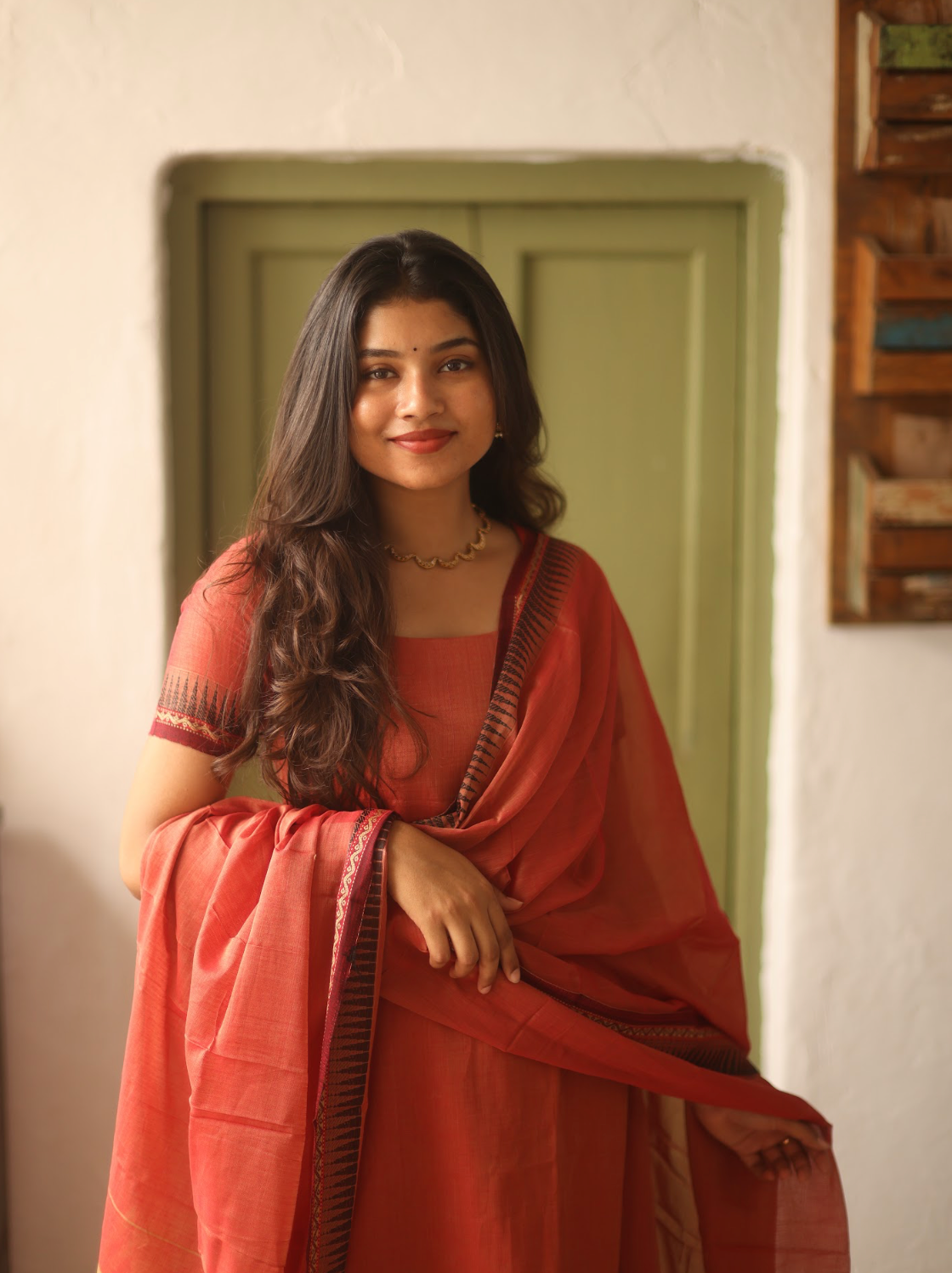 Vedha Akila – Coral Narayanpet Handloom A-Line Suit Set