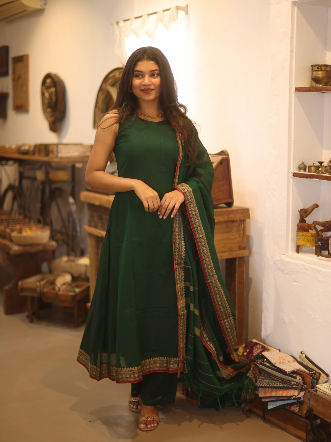 Vedha Rukmini – Emerald Narayanpet Handloom A-Line Suit Set