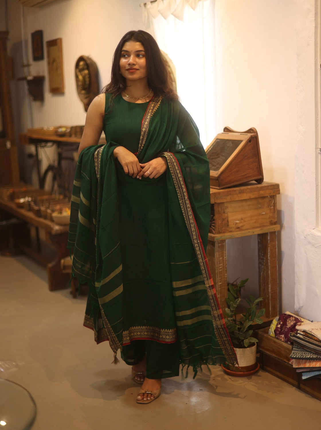 Vedha Rukmini – Emerald Narayanpet Handloom A-Line Suit Set