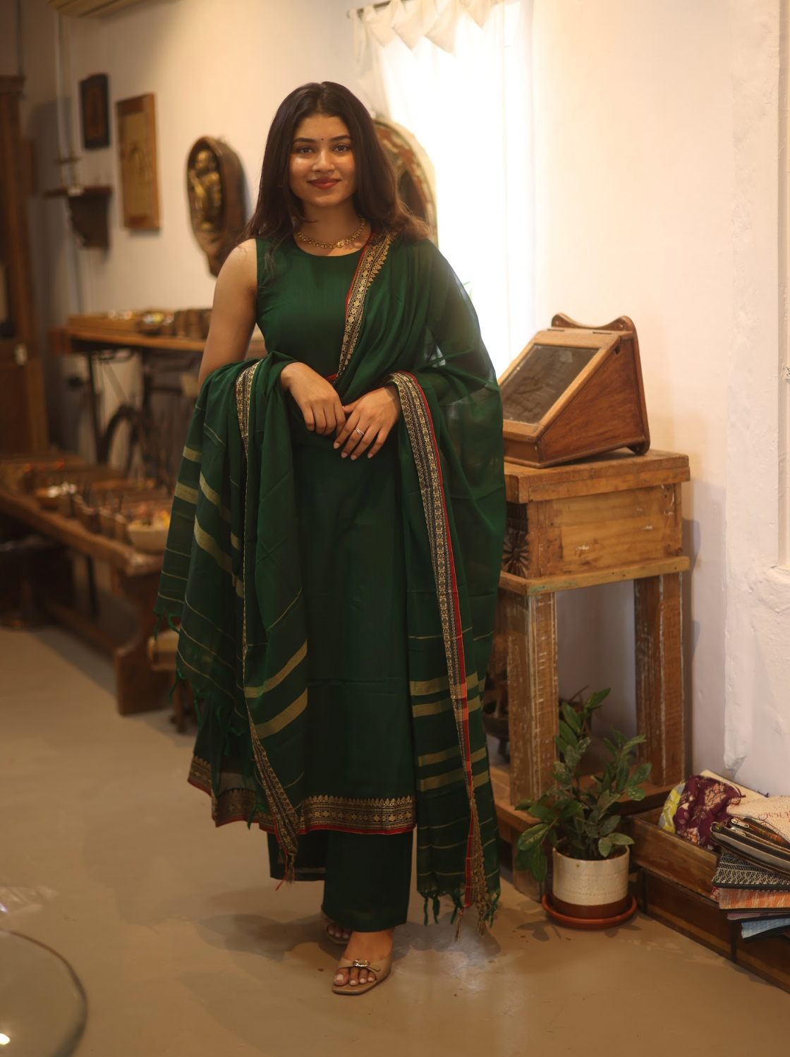 Vedha Rukmini – Emerald Narayanpet Handloom A-Line Suit Set