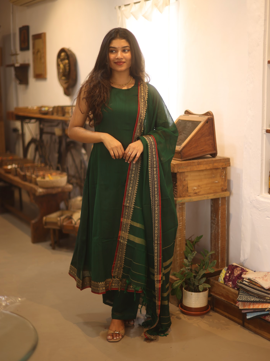 Vedha Rukmini – Emerald Narayanpet Handloom A-Line Suit Set