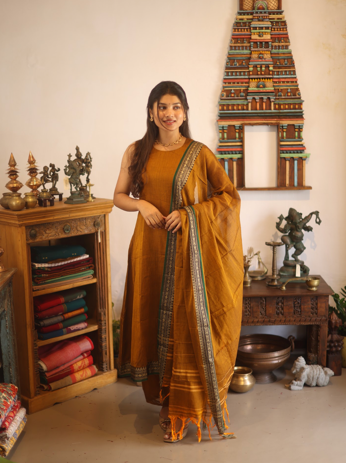 Vedha Rukmini – Earthy Brown Narayanpet A-Line Suit Set
