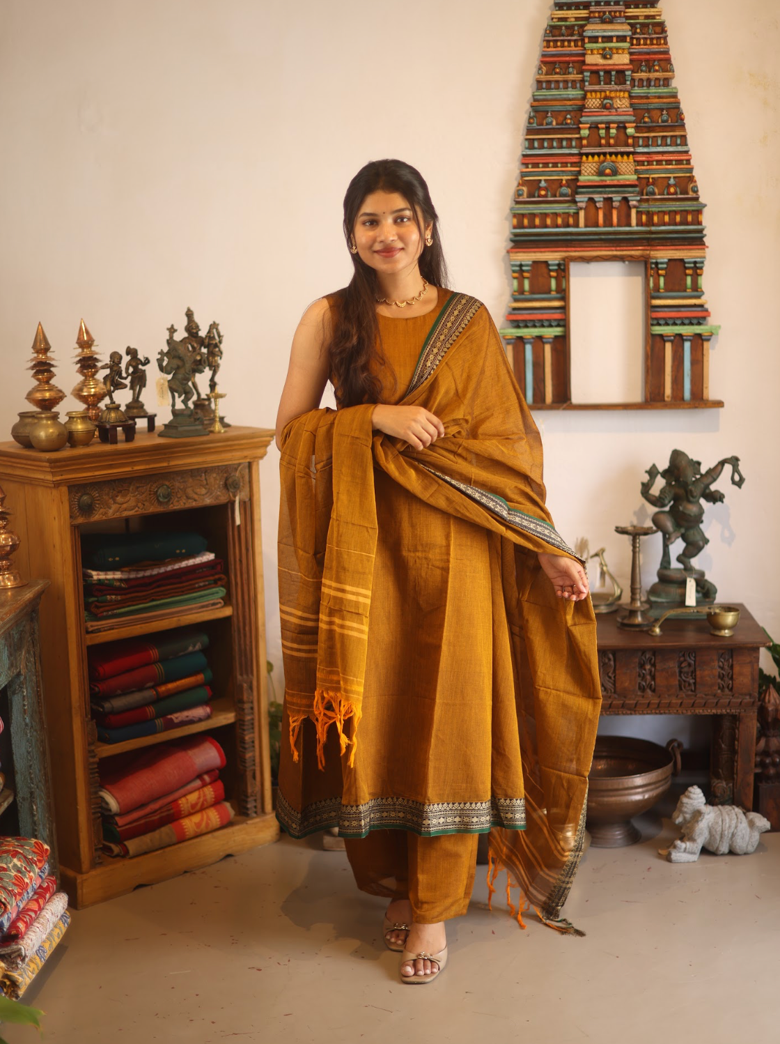 Vedha Rukmini – Earthy Brown Narayanpet A-Line Suit Set