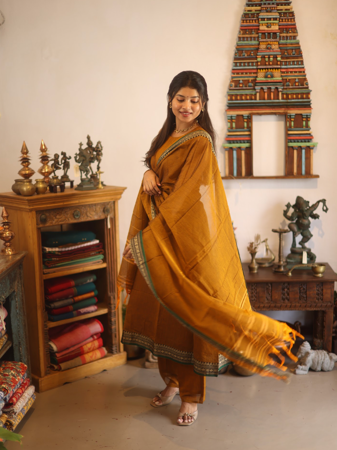 Vedha Rukmini – Earthy Brown Narayanpet A-Line Suit Set