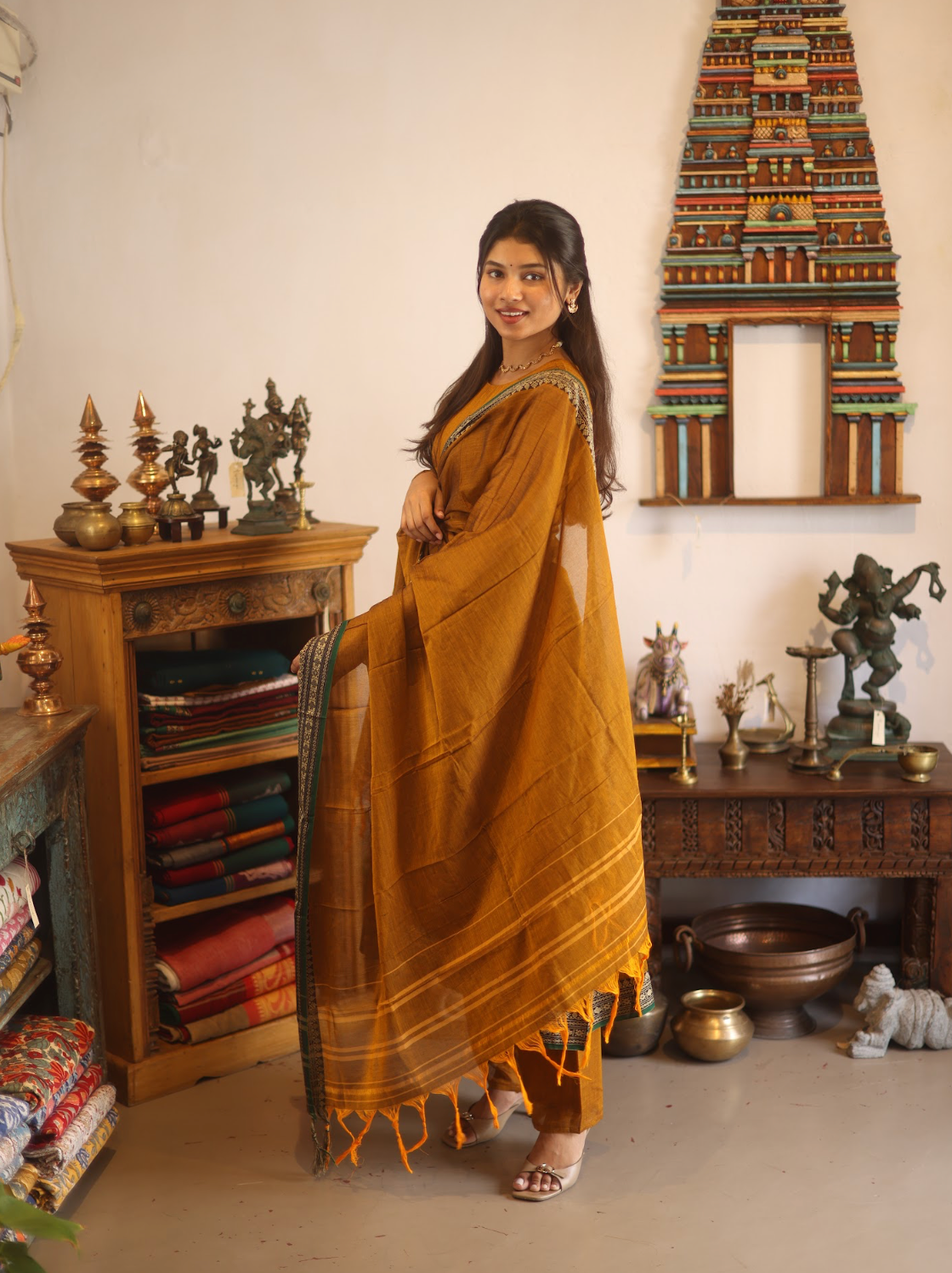 Vedha Rukmini – Earthy Brown Narayanpet A-Line Suit Set