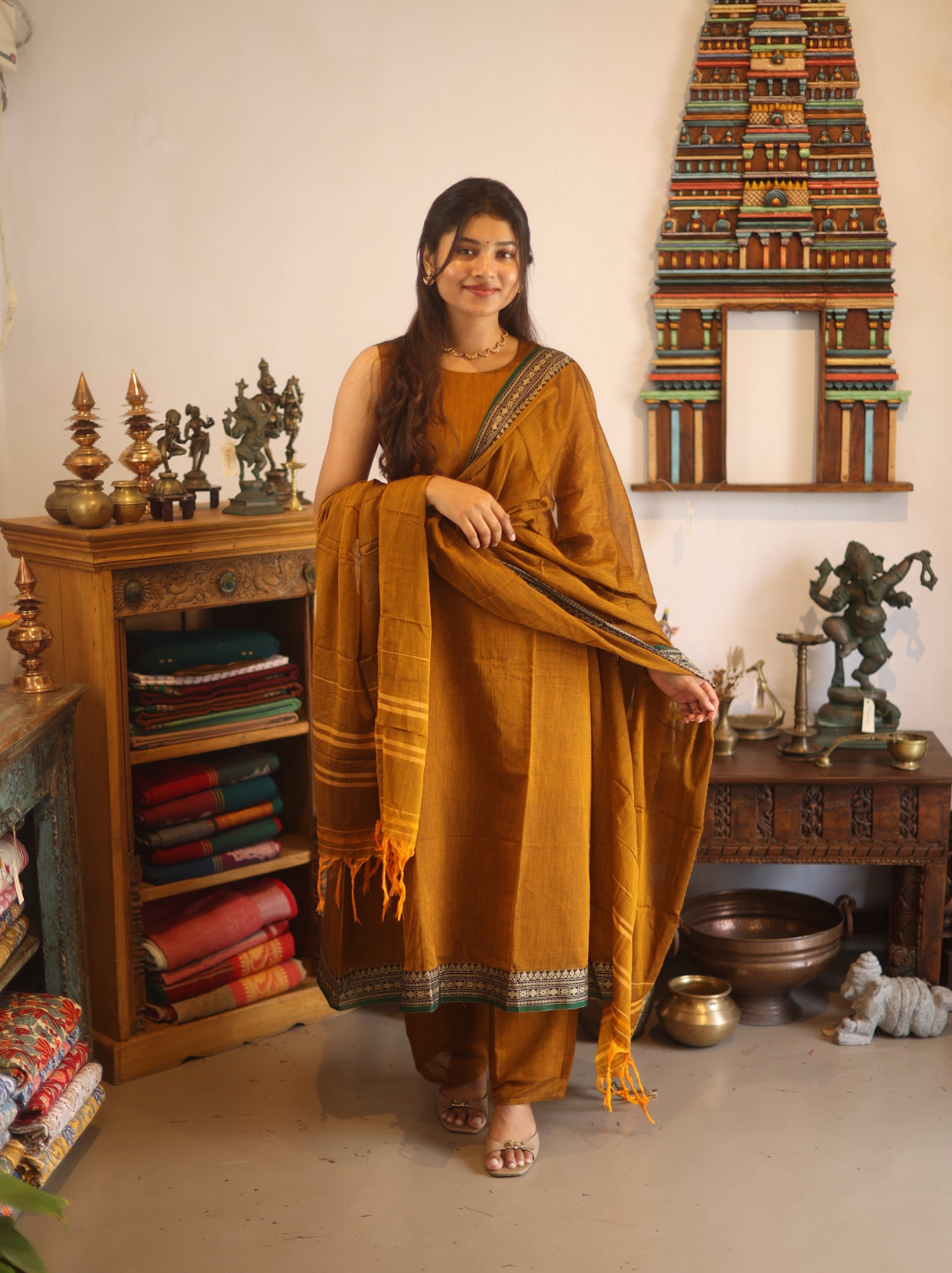 Vedha Rukmini – Earthy Brown Narayanpet A-Line Suit Set