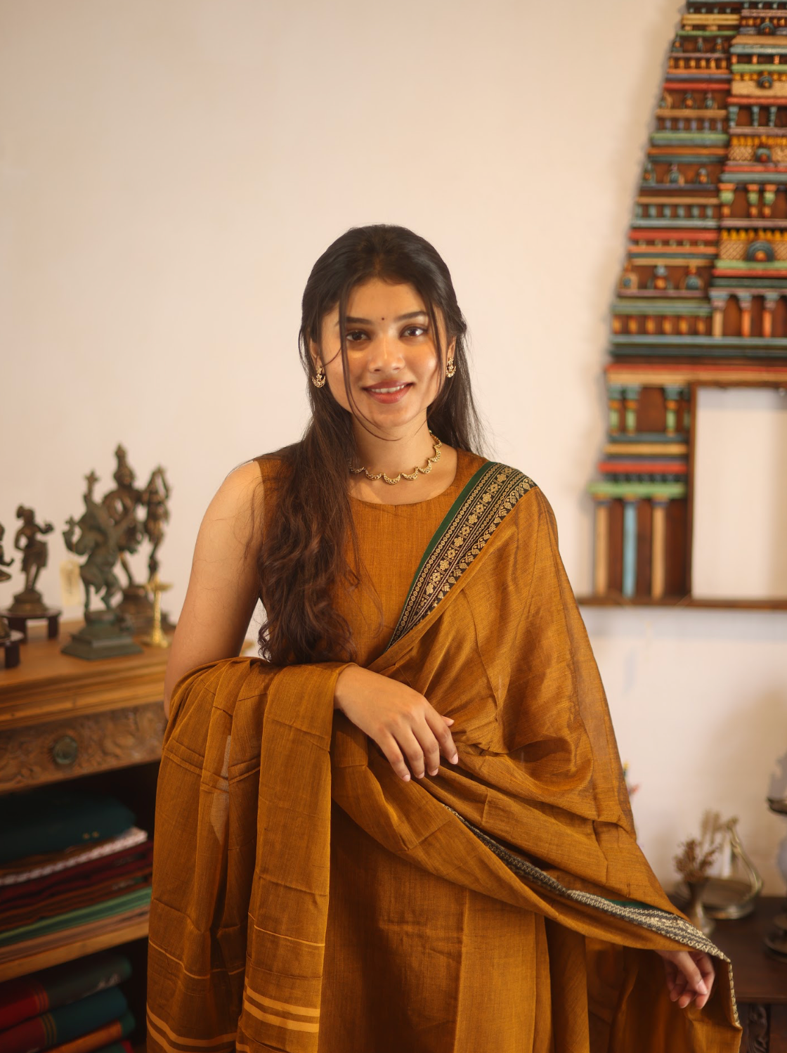 Vedha Rukmini – Earthy Brown Narayanpet A-Line Suit Set
