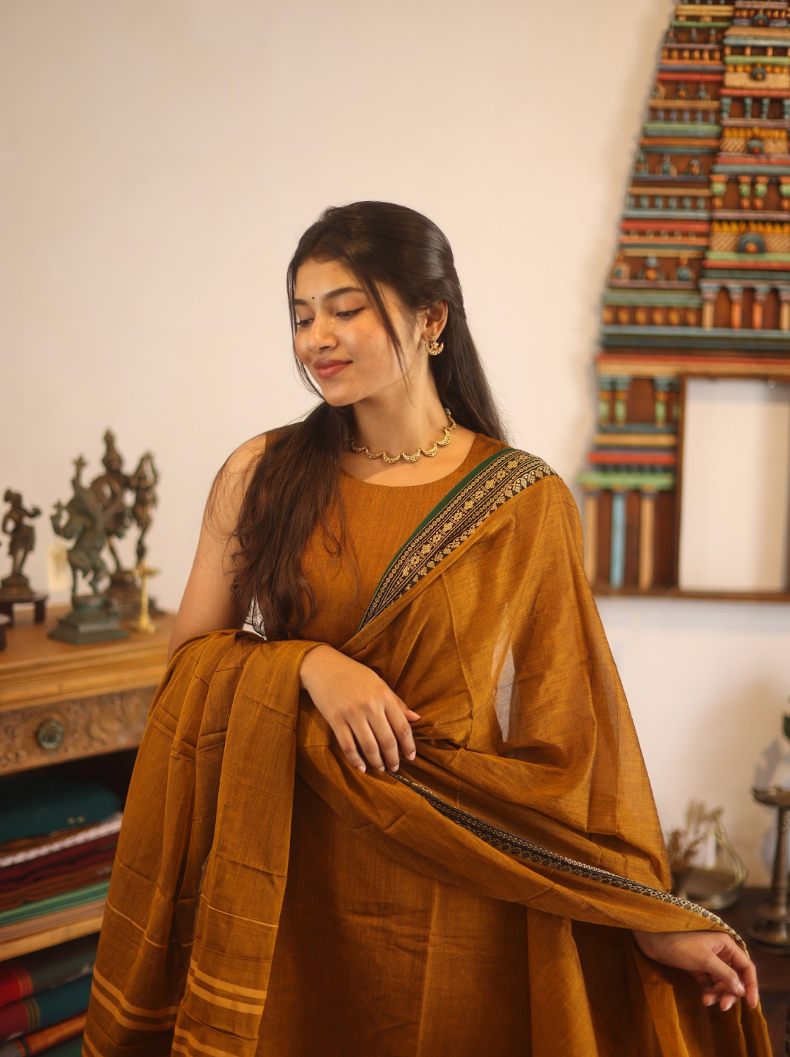 Vedha Rukmini – Earthy Brown Narayanpet A-Line Suit Set