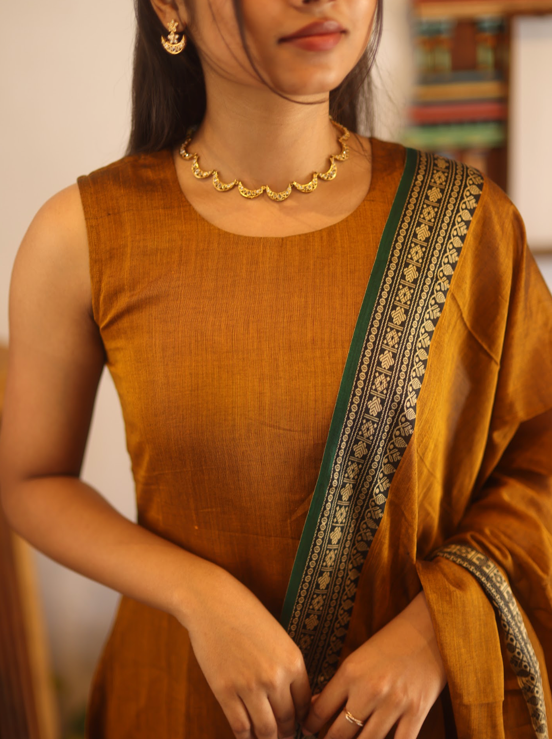 Vedha Rukmini – Earthy Brown Narayanpet A-Line Suit Set
