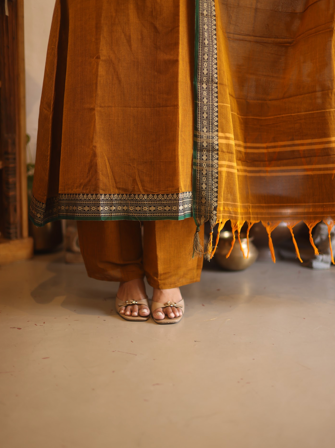 Vedha Rukmini – Earthy Brown Narayanpet A-Line Suit Set