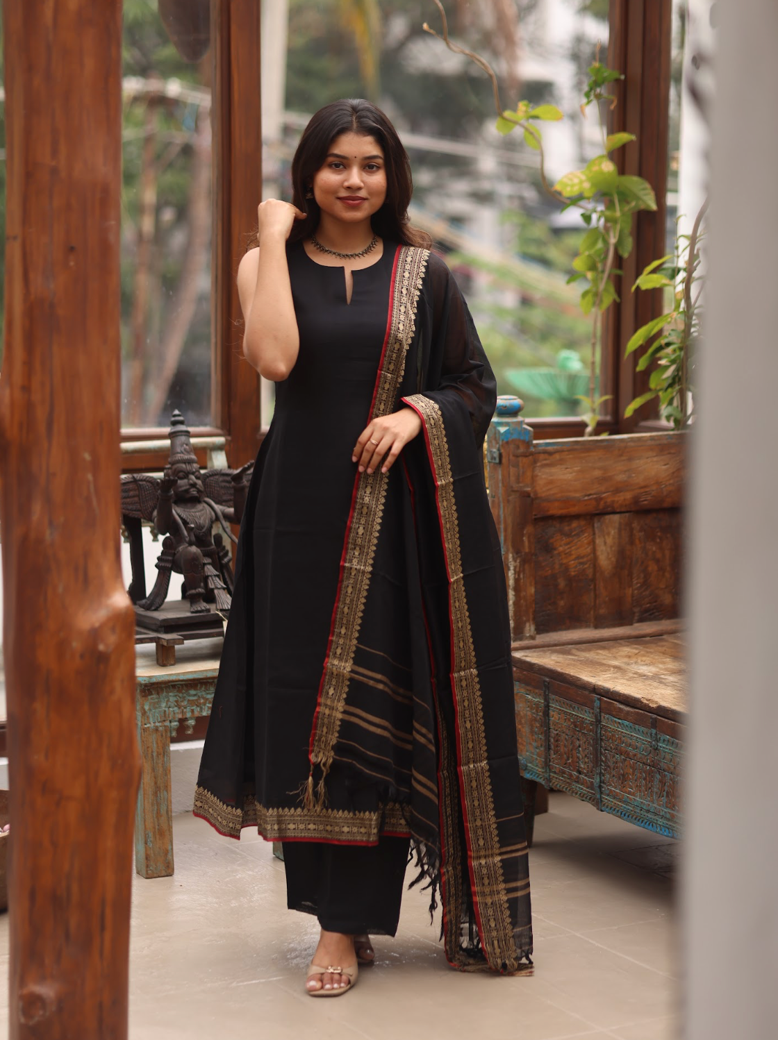 Vedha – Black Narayanpet Handloom A-Line Suit Set