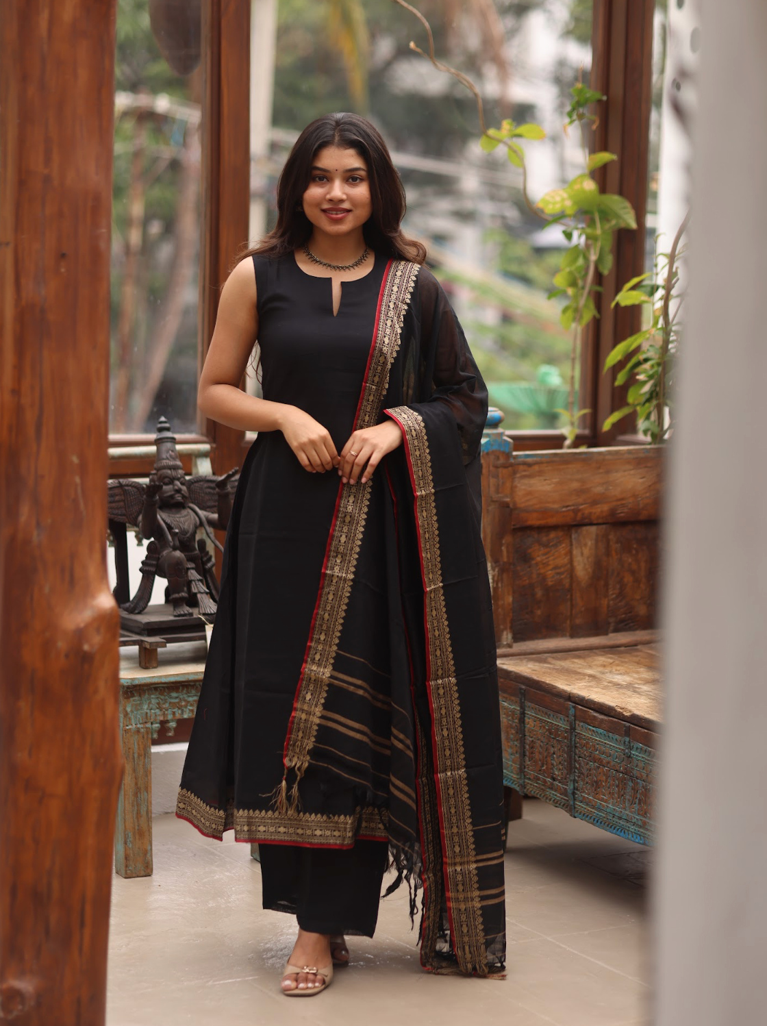 Vedha – Black Narayanpet Handloom A-Line Suit Set
