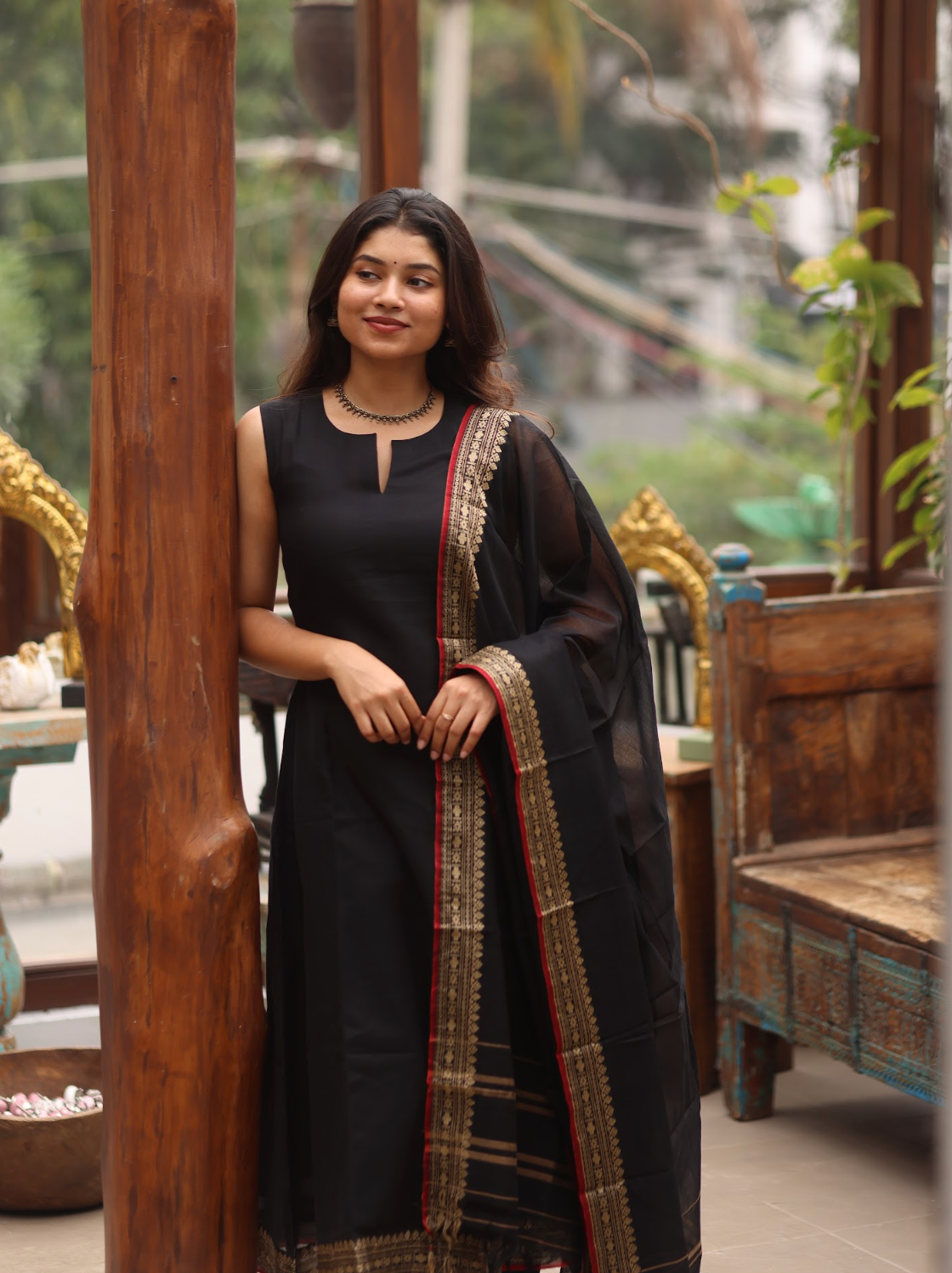 Vedha – Black Narayanpet Handloom A-Line Suit Set