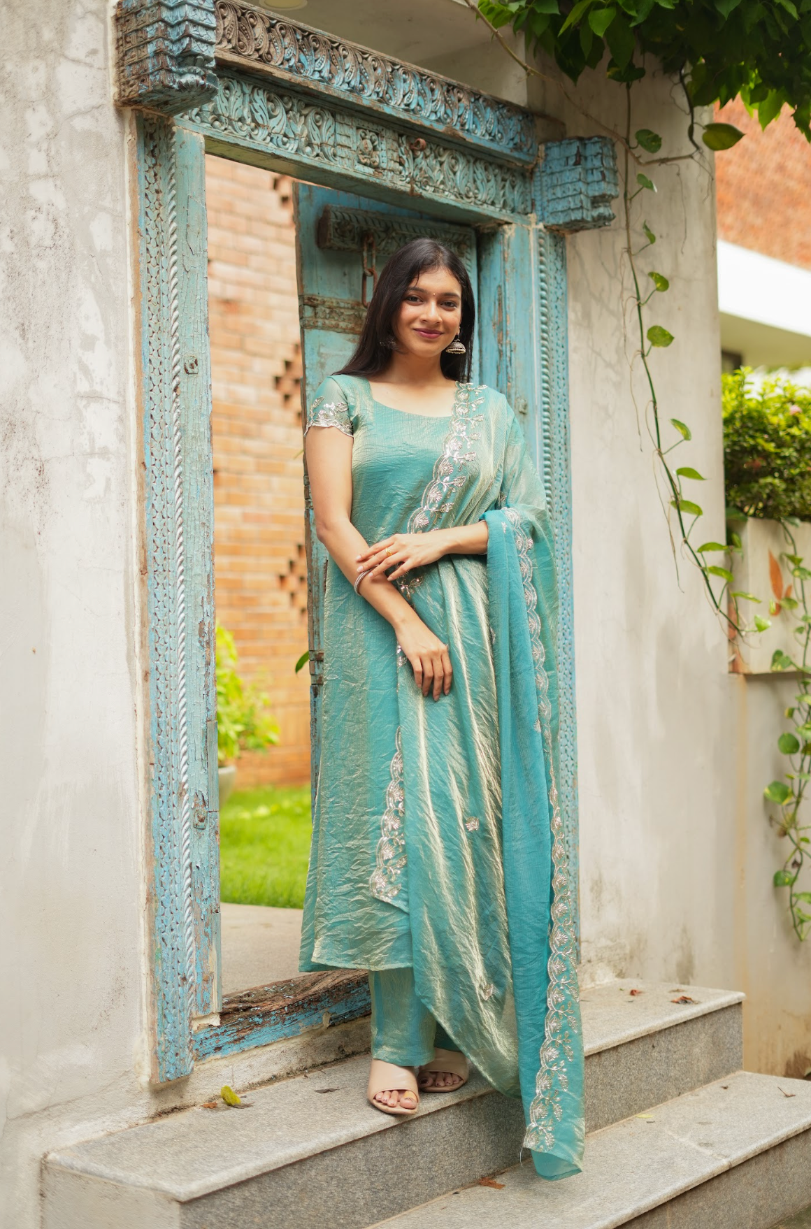TAARA -  Aqua sequins embroidered  set