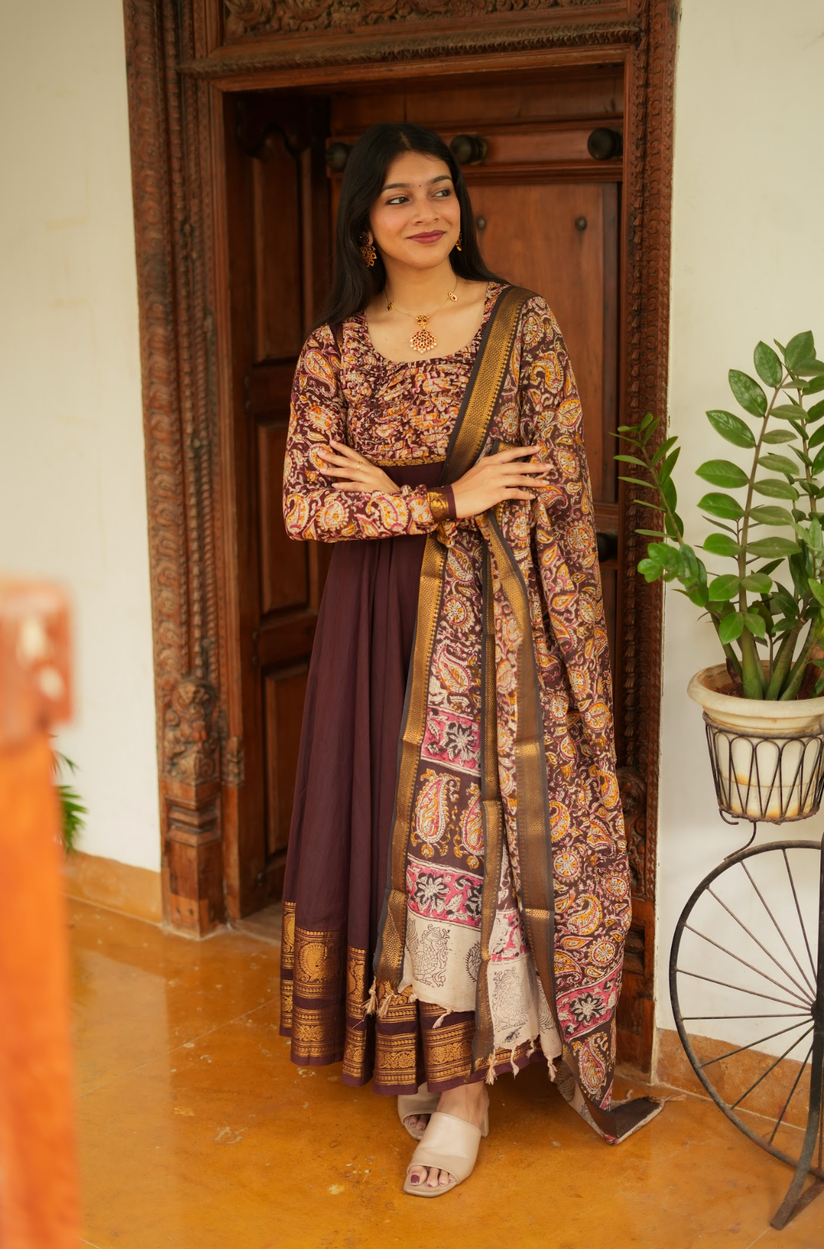 Tharika – Coffee Brown Chettinad Kalamkari Anarkali Suit