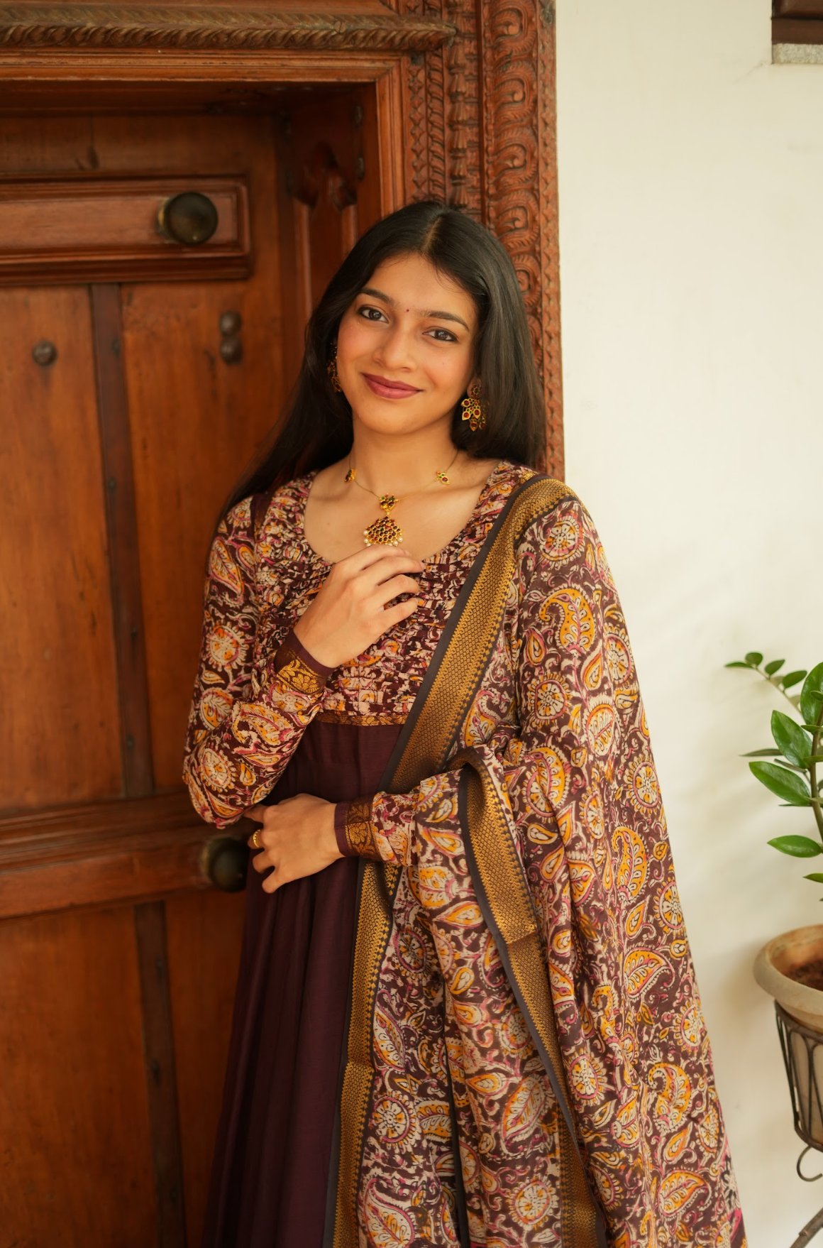Tharika – Coffee Brown Chettinad Kalamkari Anarkali Suit