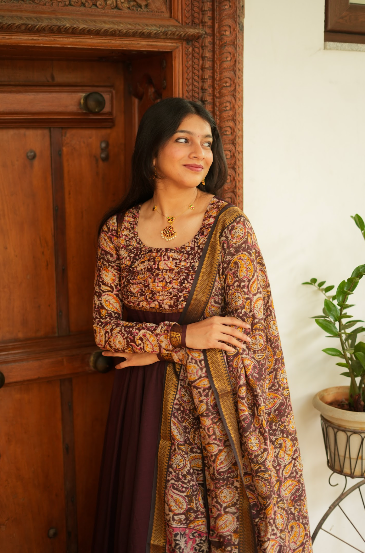 Tharika – Coffee Brown Chettinad Kalamkari Anarkali Suit