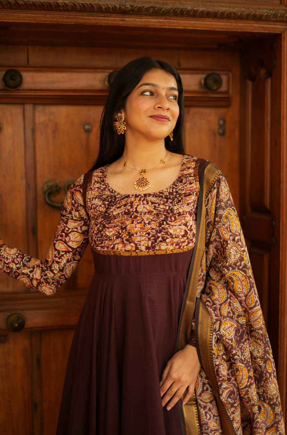 Tharika – Coffee Brown Chettinad Kalamkari Anarkali Suit