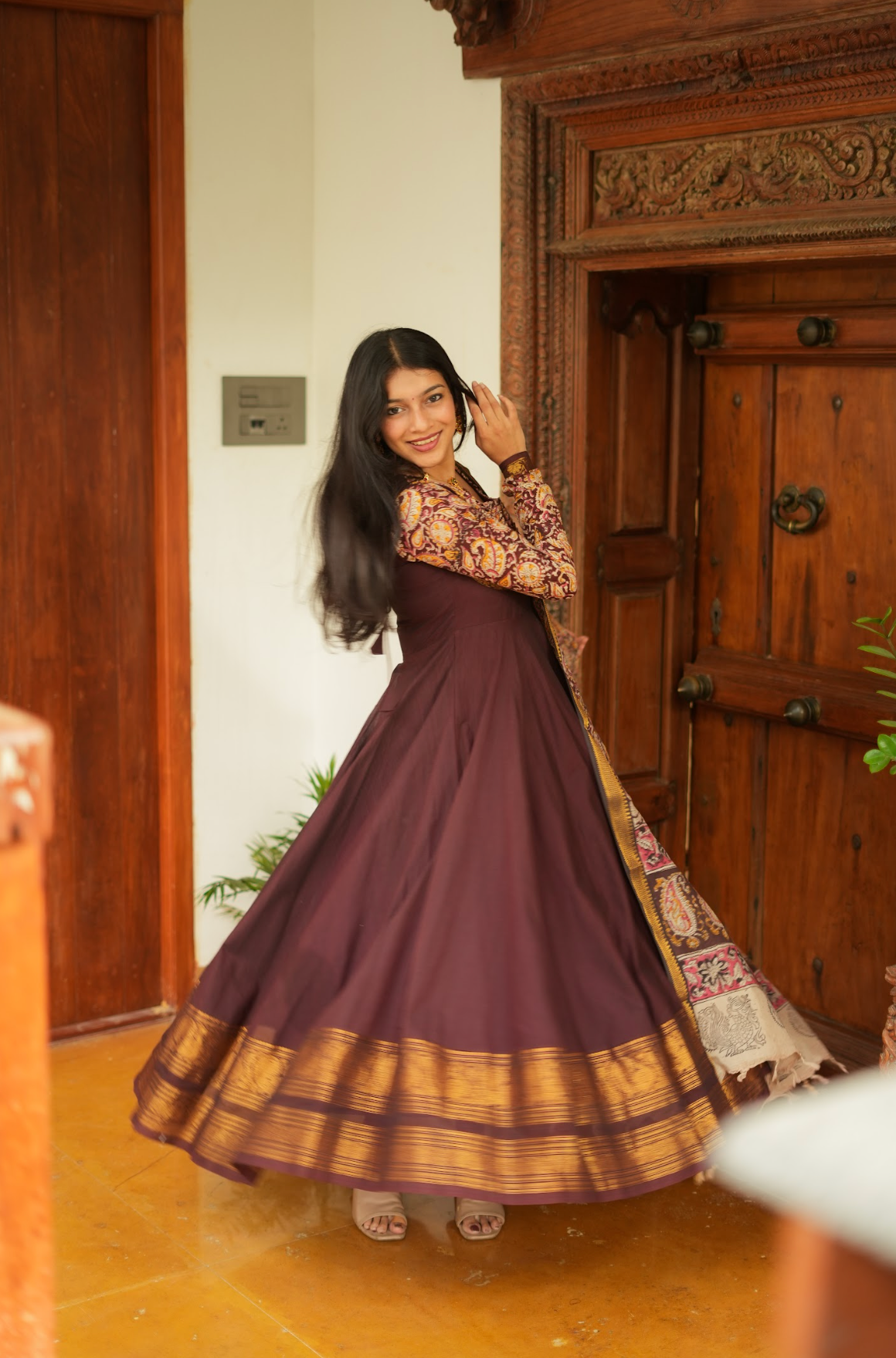Tharika – Coffee Brown Chettinad Kalamkari Anarkali Suit